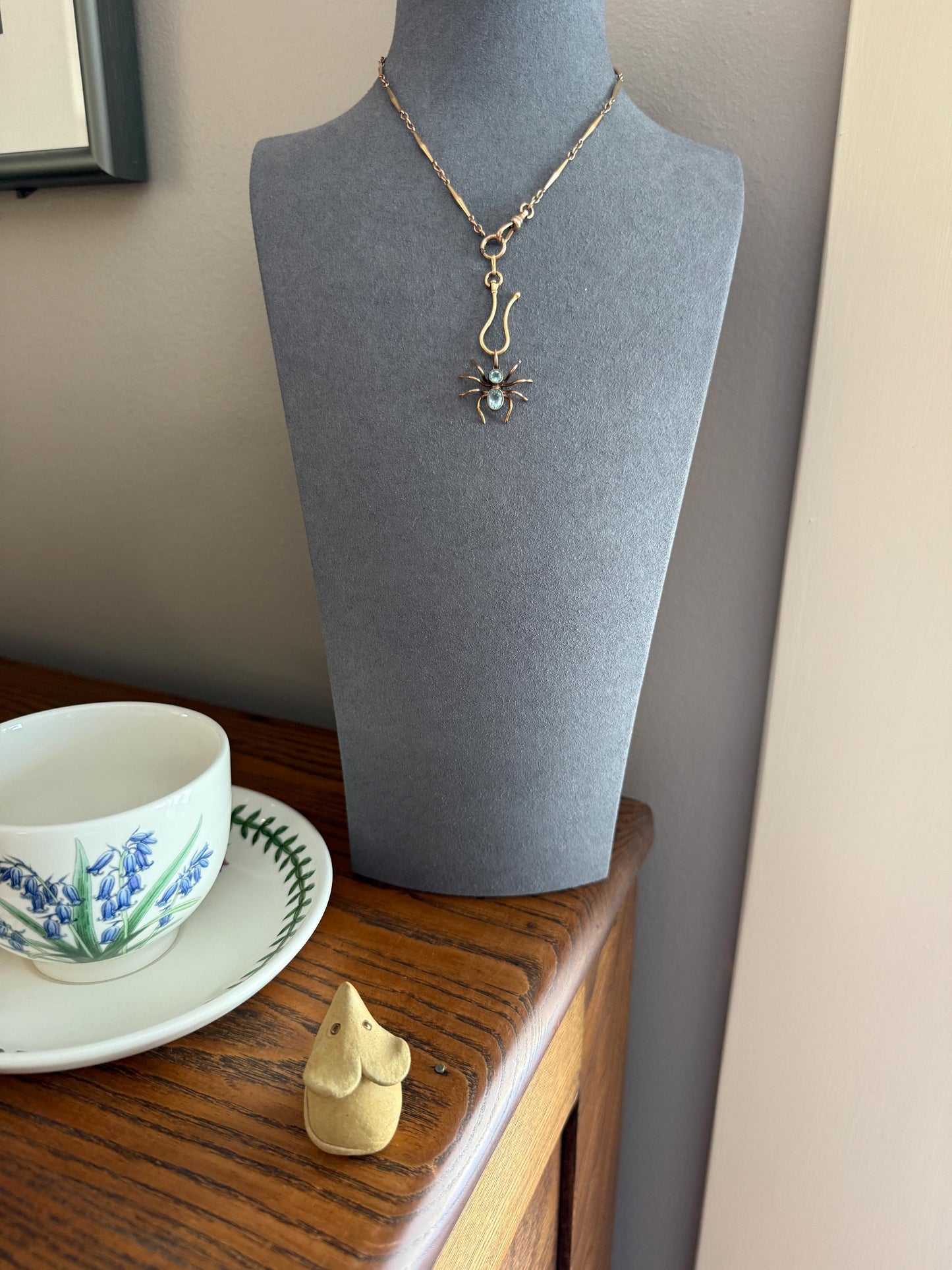 SPIDER Victorian Antique Figural 10k Gold Light Blue Paste Aquamarine Pendant Bugs Insects