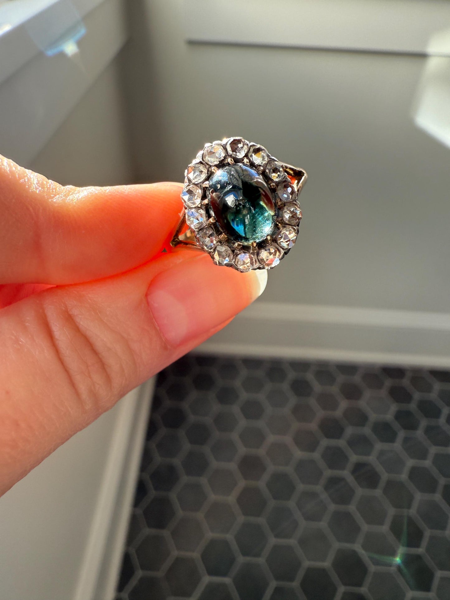 SAPPHIRE Antique Natural Blue Green Cabochon Rose Cut DIAMOND Halo Ring 14k Gold & Silver Domed Orb Unique Teal Gift Stacker