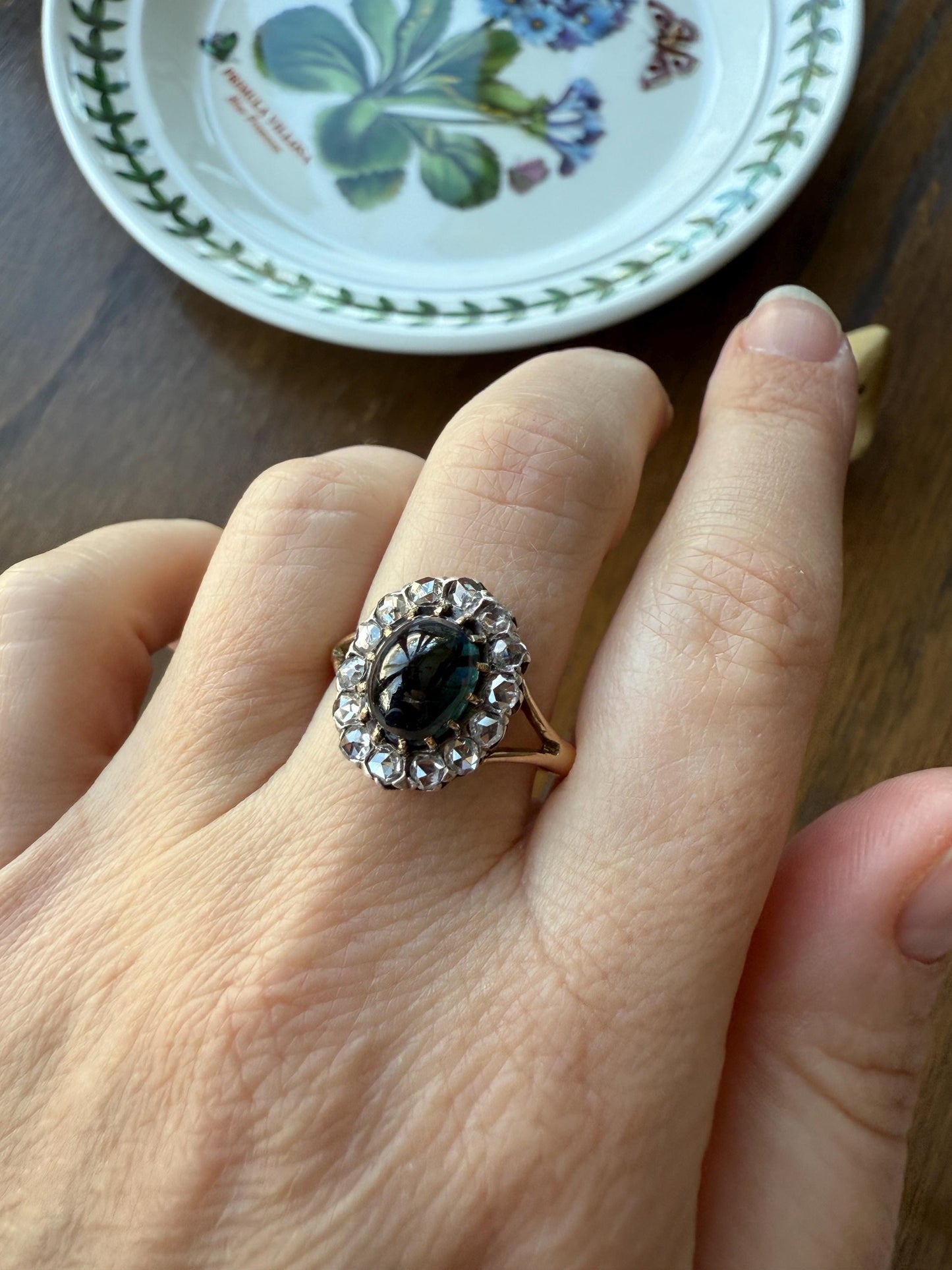 SAPPHIRE Antique Natural Blue Green Cabochon Rose Cut DIAMOND Halo Ring 14k Gold & Silver Domed Orb Unique Teal Gift Stacker