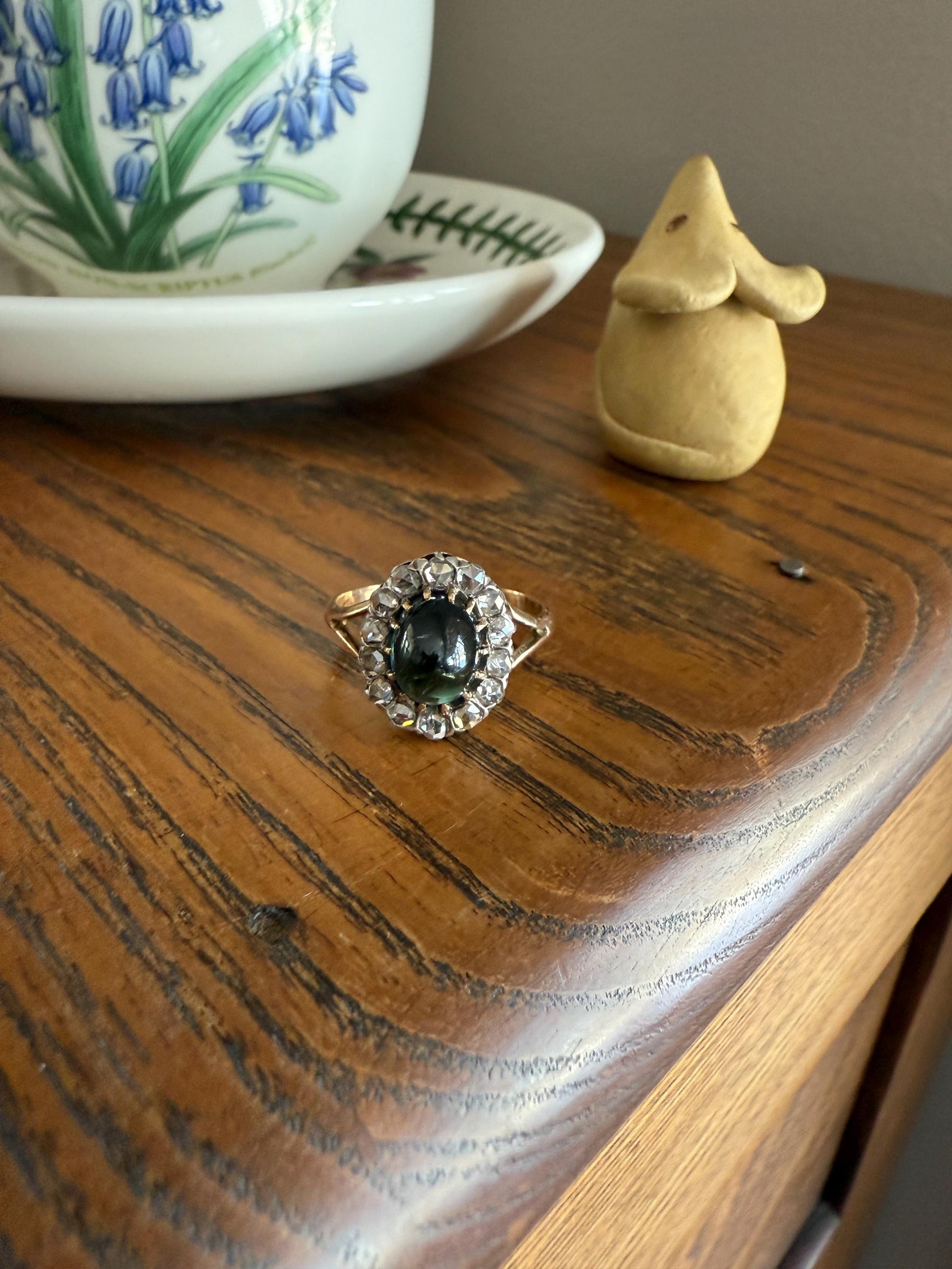 SAPPHIRE Antique Natural Blue Green Cabochon Rose Cut DIAMOND Halo Ring 14k Gold & Silver Domed Orb Unique Teal Gift Stacker
