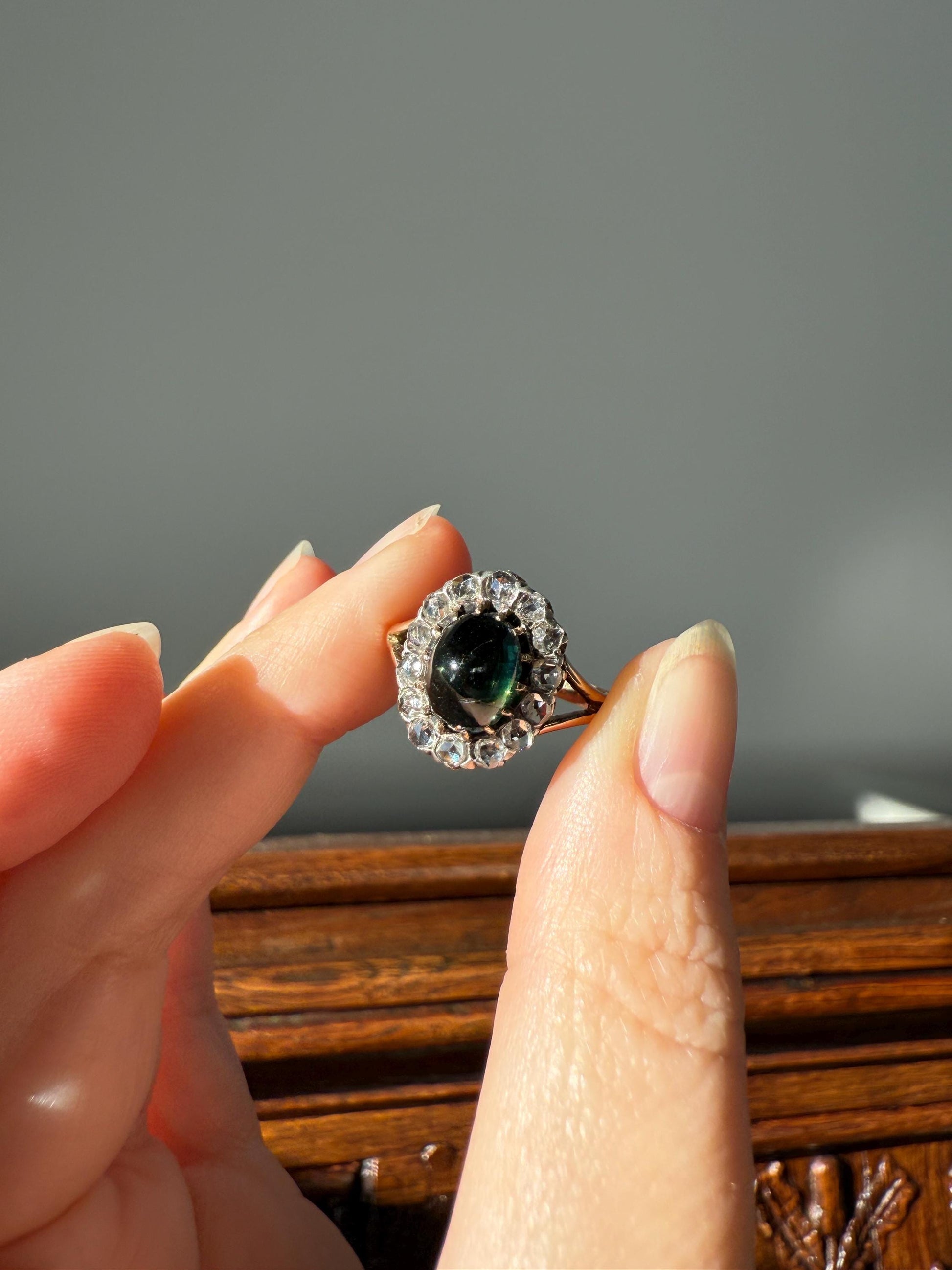 SAPPHIRE Antique Natural Blue Green Cabochon Rose Cut DIAMOND Halo Ring 14k Gold & Silver Domed Orb Unique Teal Gift Stacker