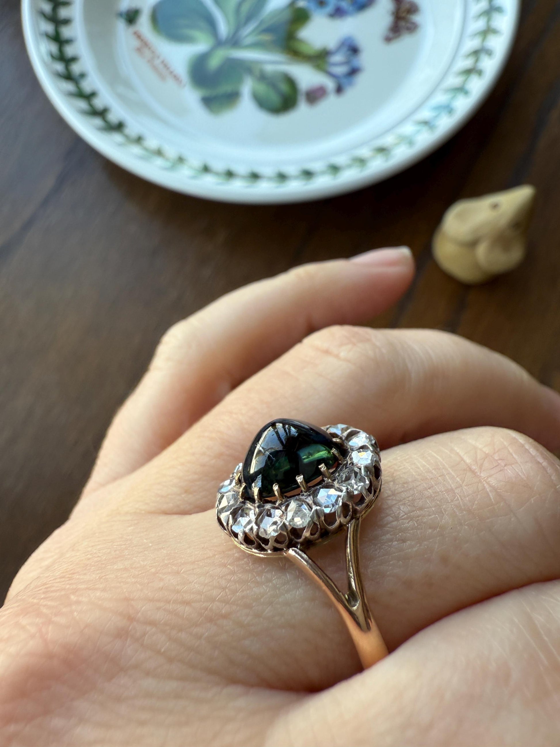 SAPPHIRE Antique Natural Blue Green Cabochon Rose Cut DIAMOND Halo Ring 14k Gold & Silver Domed Orb Unique Teal Gift Stacker