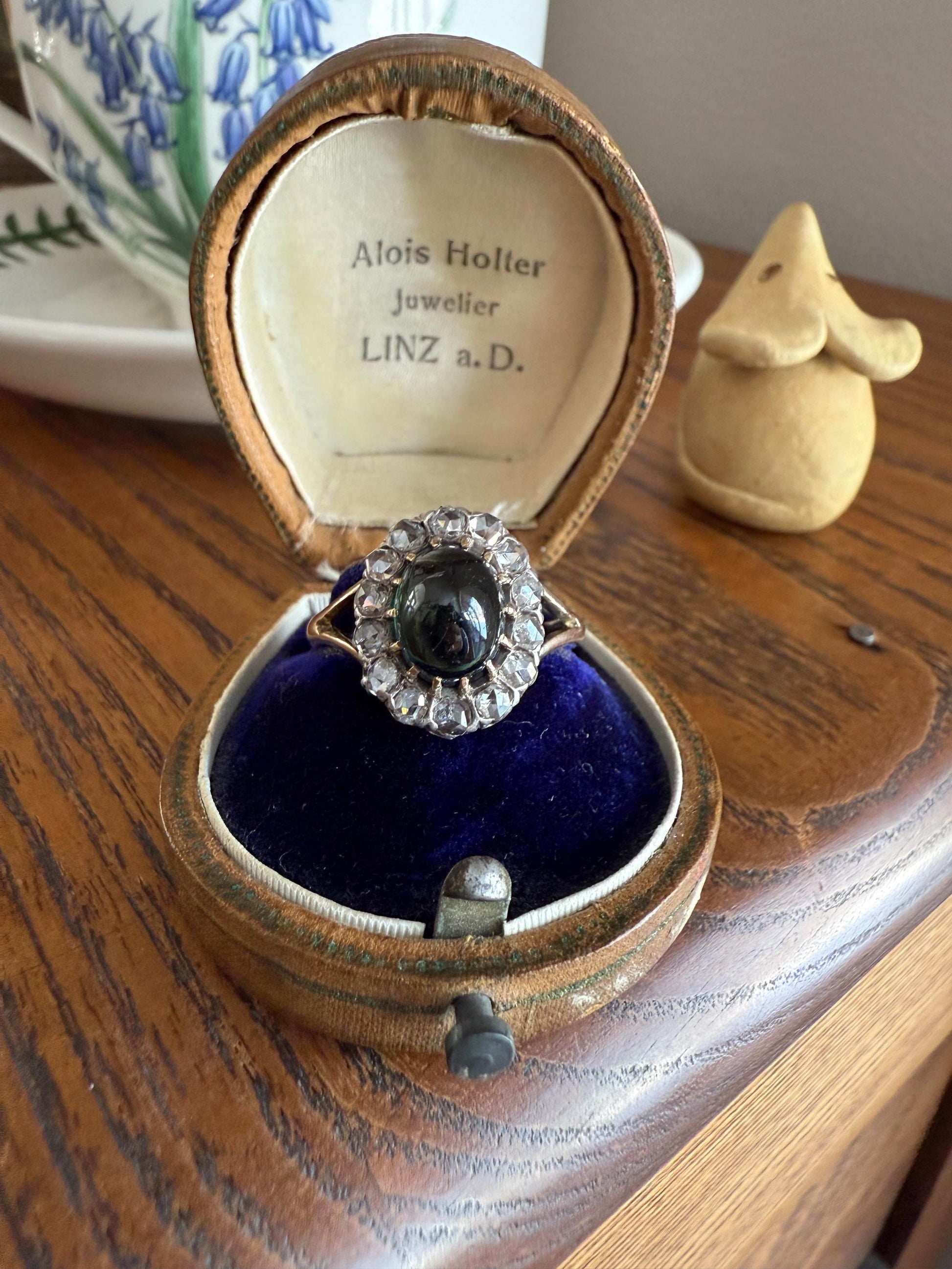 SAPPHIRE Antique Natural Blue Green Cabochon Rose Cut DIAMOND Halo Ring 14k Gold & Silver Domed Orb Unique Teal Gift Stacker