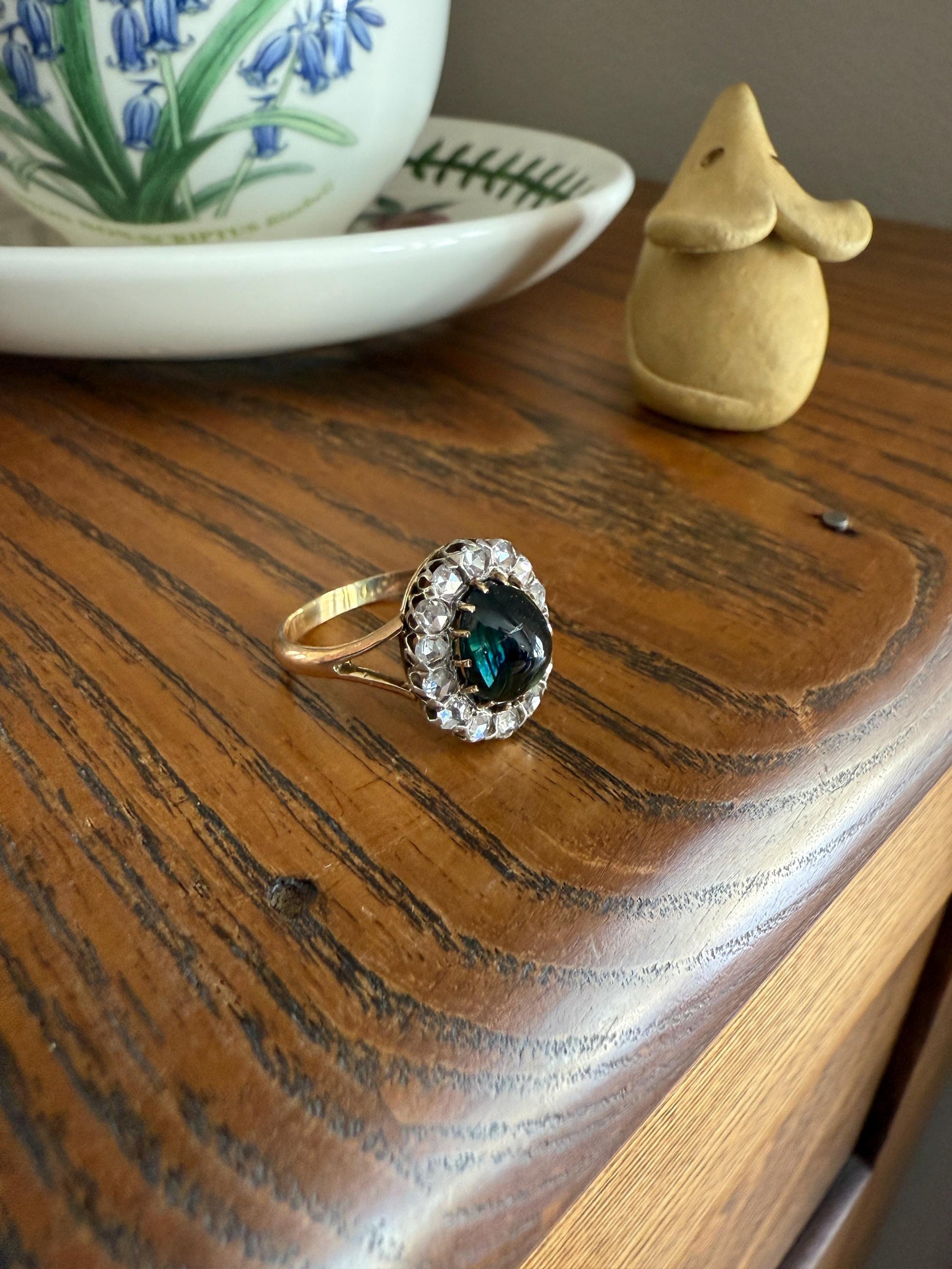 SAPPHIRE Antique Natural Blue Green Cabochon Rose Cut DIAMOND Halo Ring 14k Gold & Silver Domed Orb Unique Teal Gift Stacker