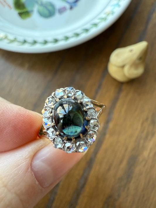 SAPPHIRE Antique Natural Blue Green Cabochon Rose Cut DIAMOND Halo Ring 14k Gold & Silver Domed Orb Unique Teal Gift Stacker