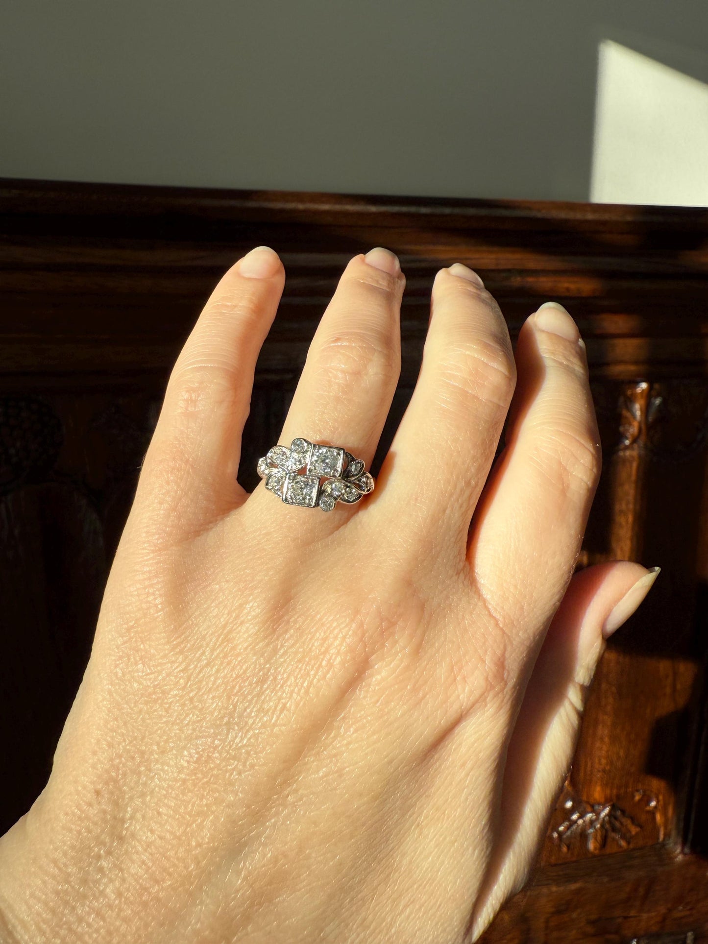 Unique Antique Asymmetrical Floral Ring Art Deco Transitional Old Single Cut Diamond 14k White Gold Swirled Square Bezel Double Band Stacker
