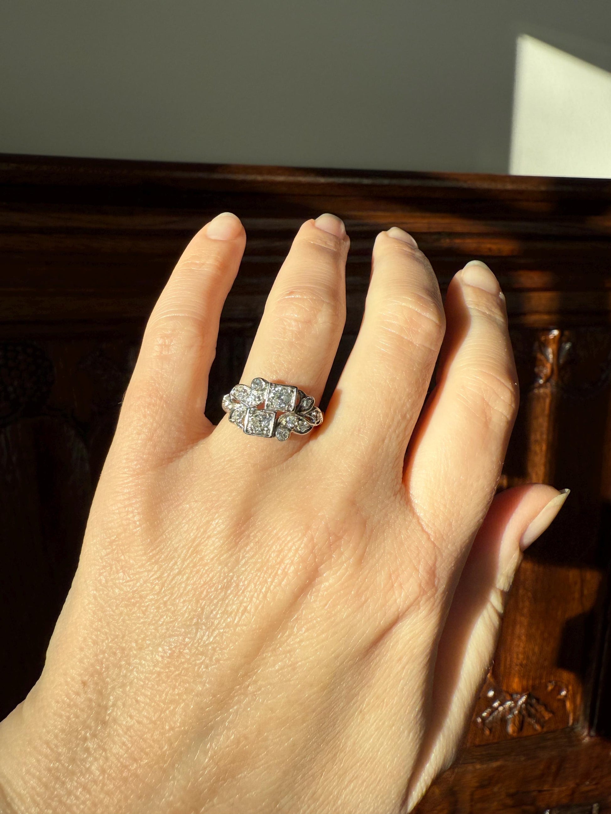 Unique Antique Asymmetrical Floral Ring Art Deco Transitional Old Single Cut Diamond 14k White Gold Swirled Square Bezel Double Band Stacker