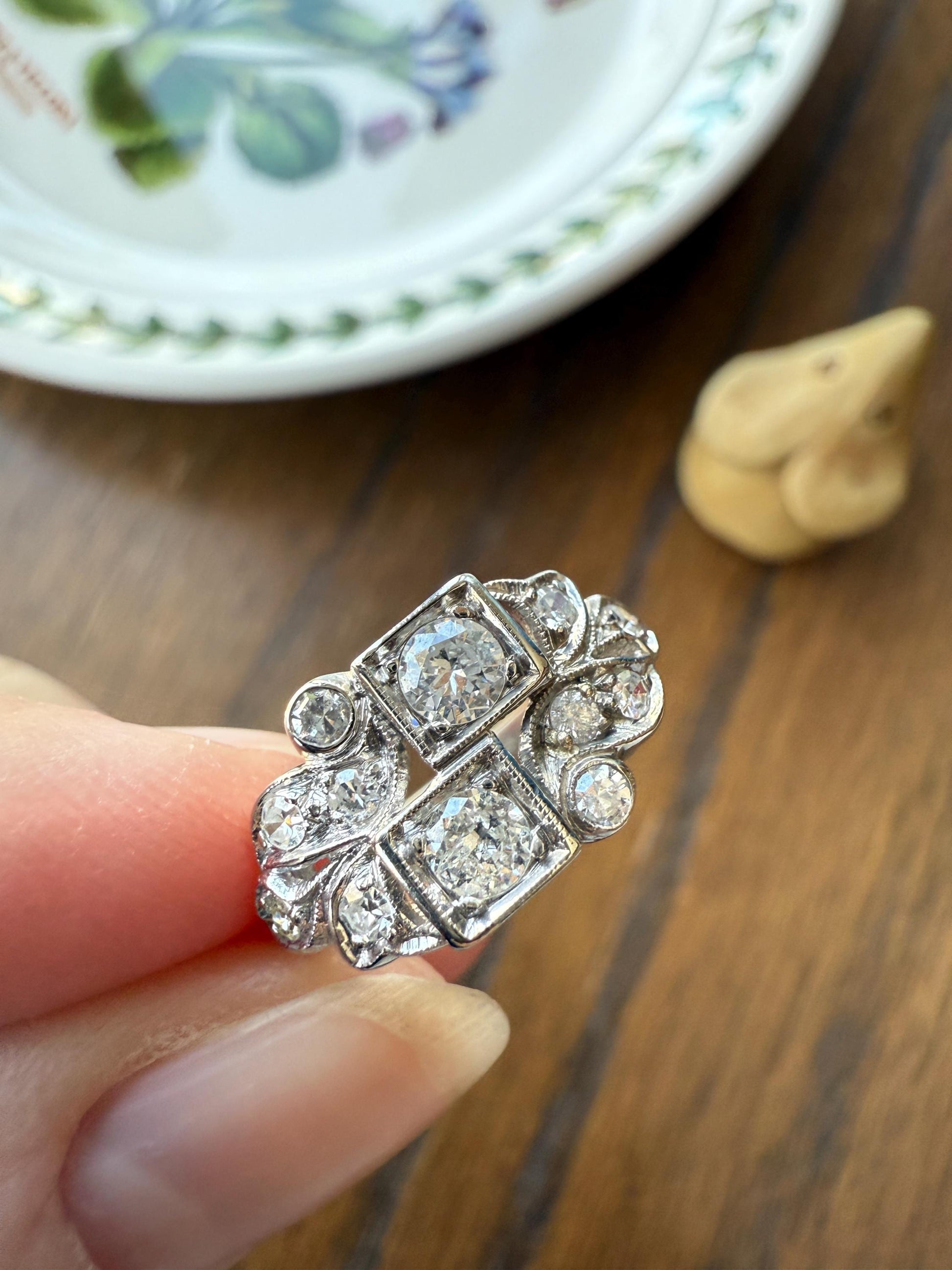 Unique Antique Asymmetrical Floral Ring Art Deco Transitional Old Single Cut Diamond 14k White Gold Swirled Square Bezel Double Band Stacker