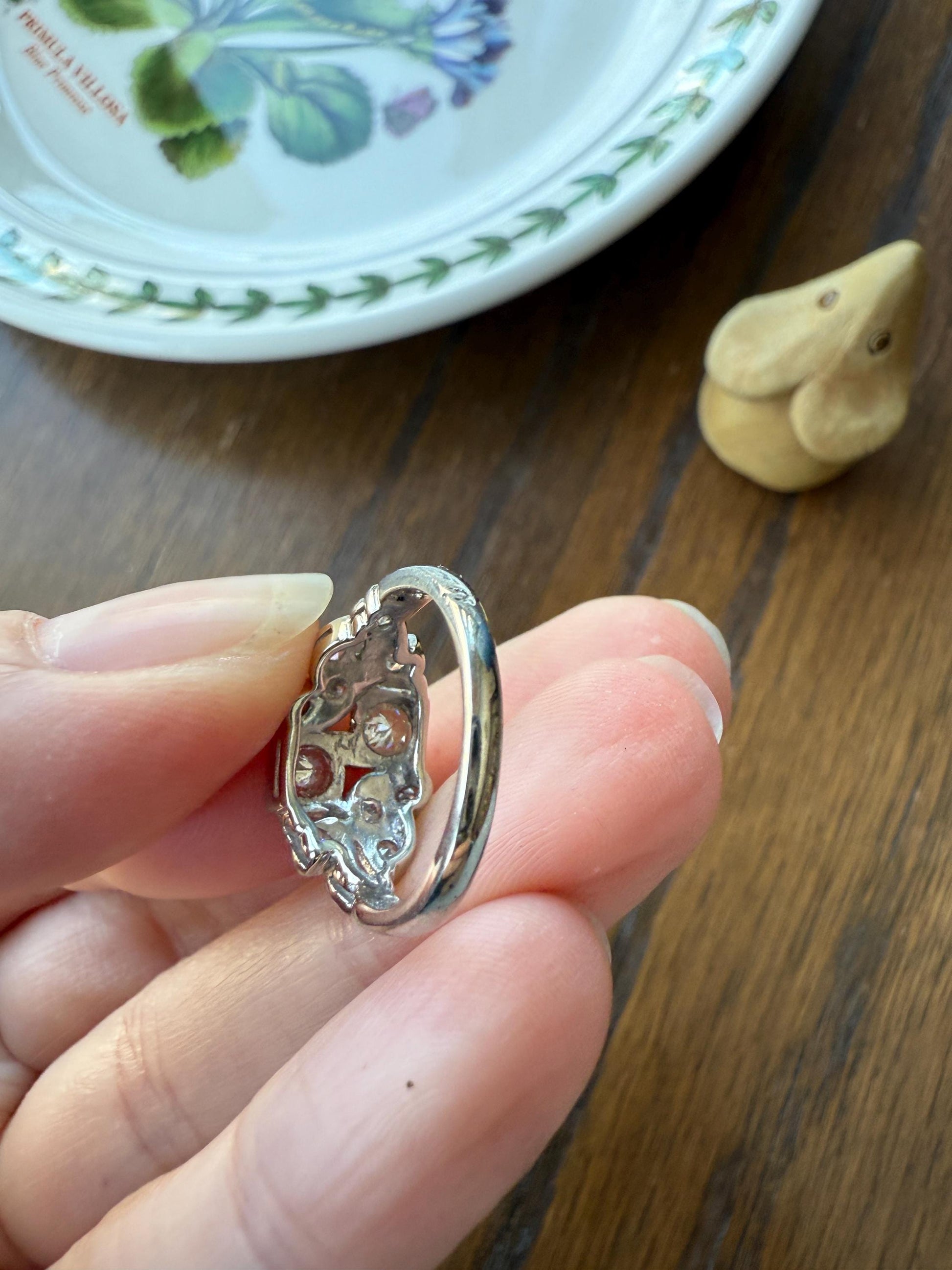 Unique Antique Asymmetrical Floral Ring Art Deco Transitional Old Single Cut Diamond 14k White Gold Swirled Square Bezel Double Band Stacker