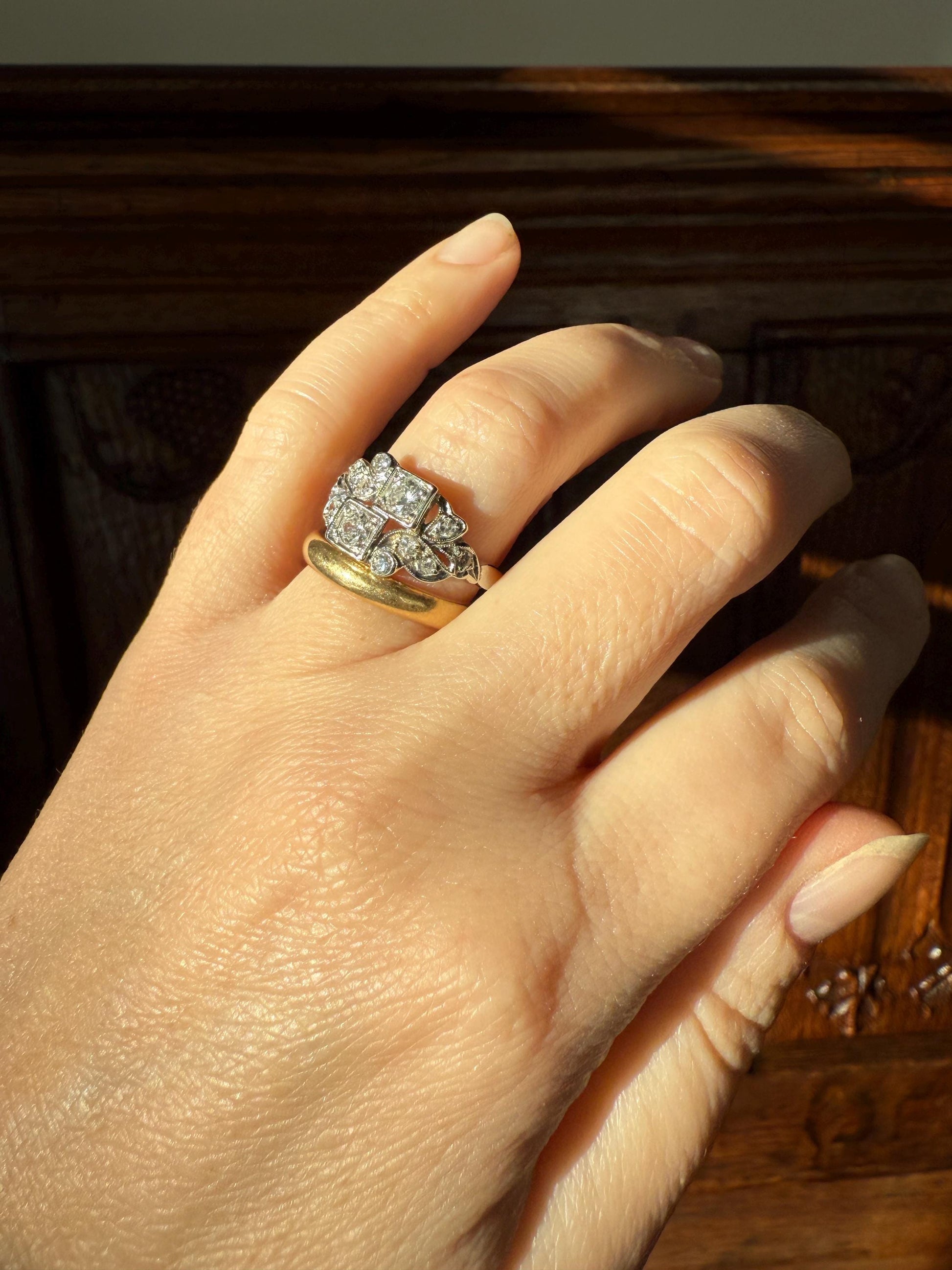 Unique Antique Asymmetrical Floral Ring Art Deco Transitional Old Single Cut Diamond 14k White Gold Swirled Square Bezel Double Band Stacker