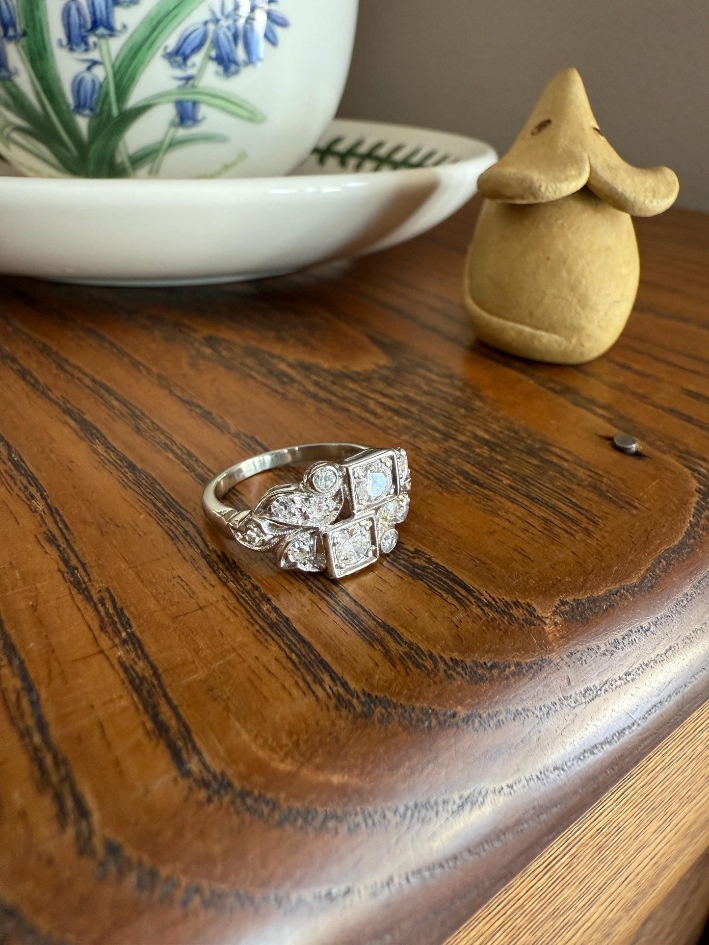 Unique Antique Asymmetrical Floral Ring Art Deco Transitional Old Single Cut Diamond 14k White Gold Swirled Square Bezel Double Band Stacker