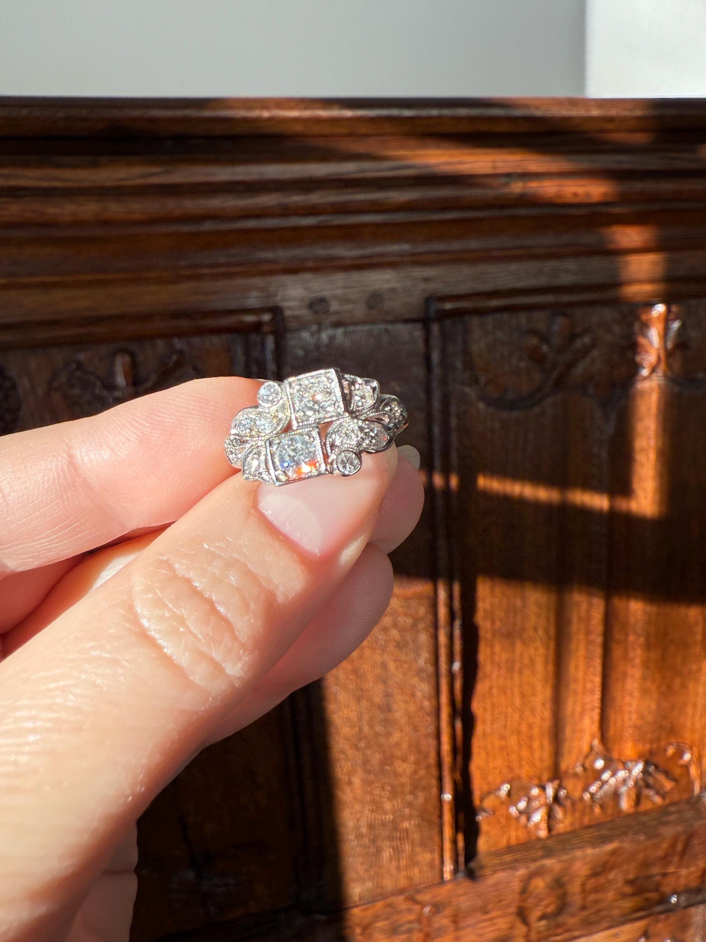 Unique Antique Asymmetrical Floral Ring Art Deco Transitional Old Single Cut Diamond 14k White Gold Swirled Square Bezel Double Band Stacker