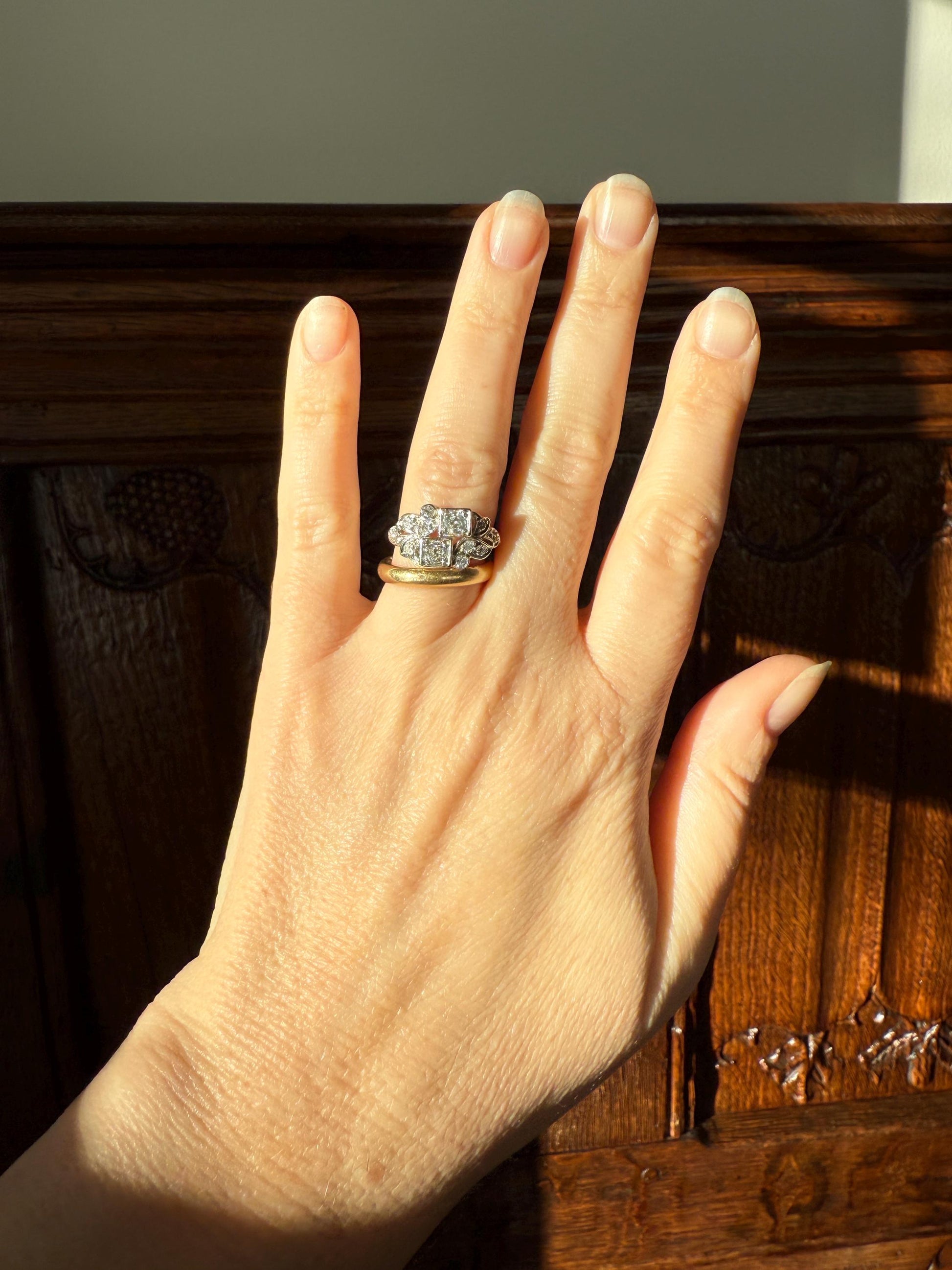 Unique Antique Asymmetrical Floral Ring Art Deco Transitional Old Single Cut Diamond 14k White Gold Swirled Square Bezel Double Band Stacker