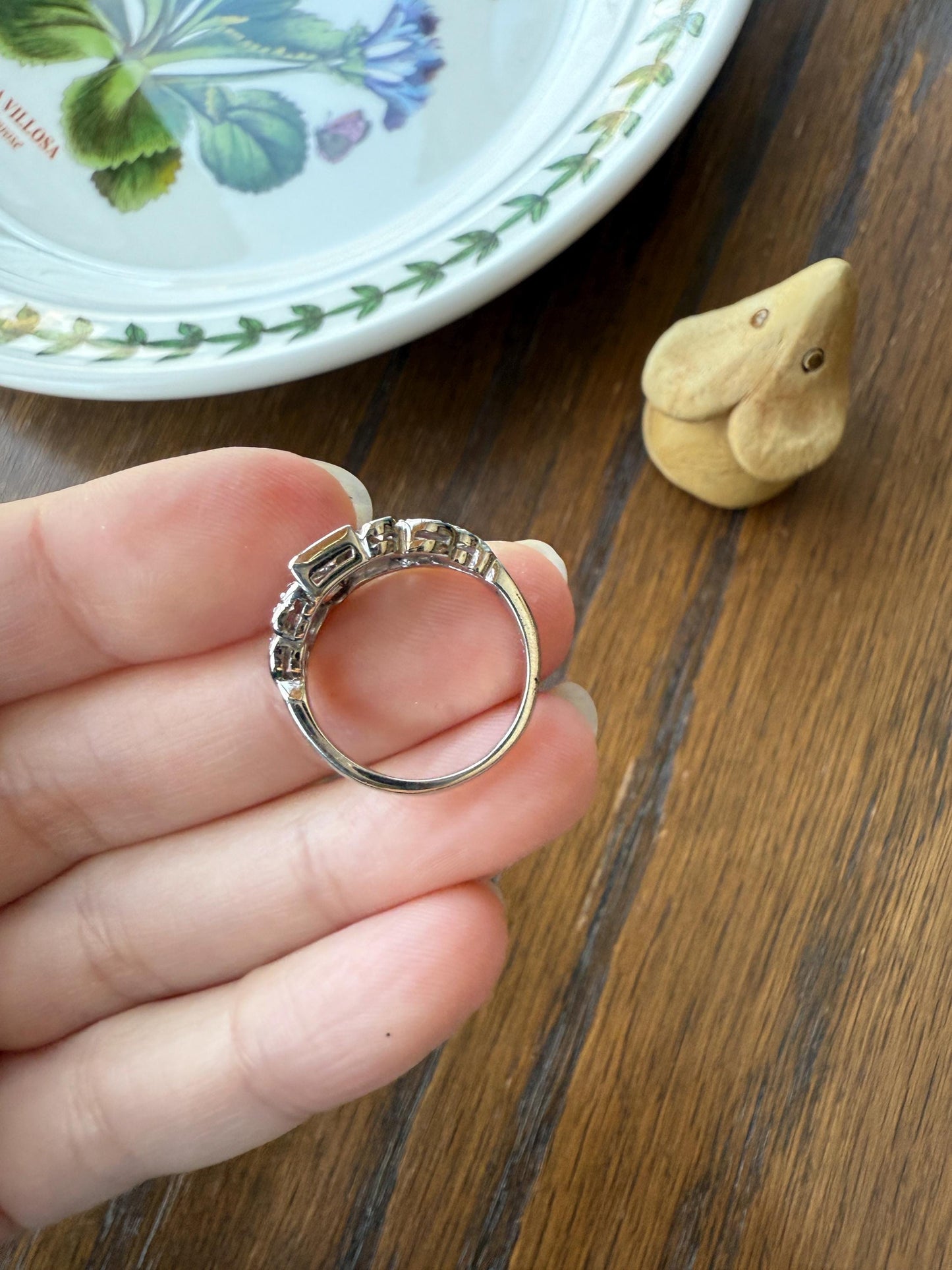 Unique Antique Asymmetrical Floral Ring Art Deco Transitional Old Single Cut Diamond 14k White Gold Swirled Square Bezel Double Band Stacker