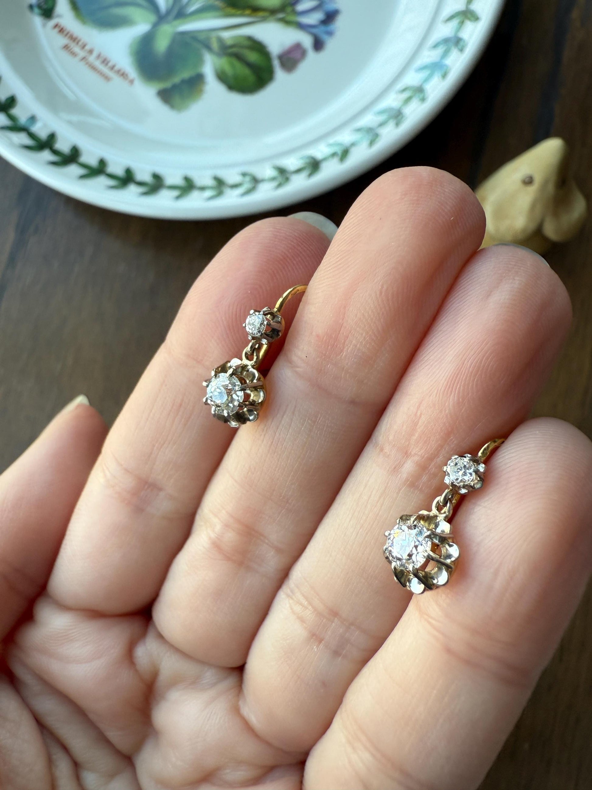Antique .9 Carat Tdw Old Mine Cut Diamond Earrings 18k Gold French Victorian Dangle Dormeuse Gift Belle Epoque Bridal