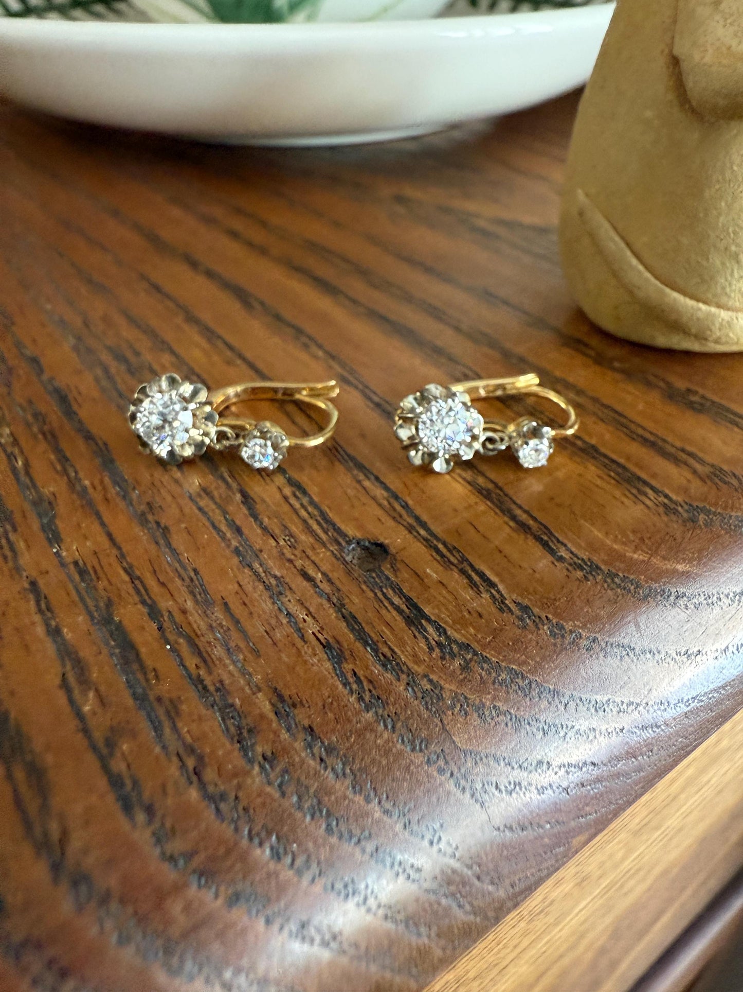 Antique .9 Carat Tdw Old Mine Cut Diamond Earrings 18k Gold French Victorian Dangle Dormeuse Gift Belle Epoque Bridal