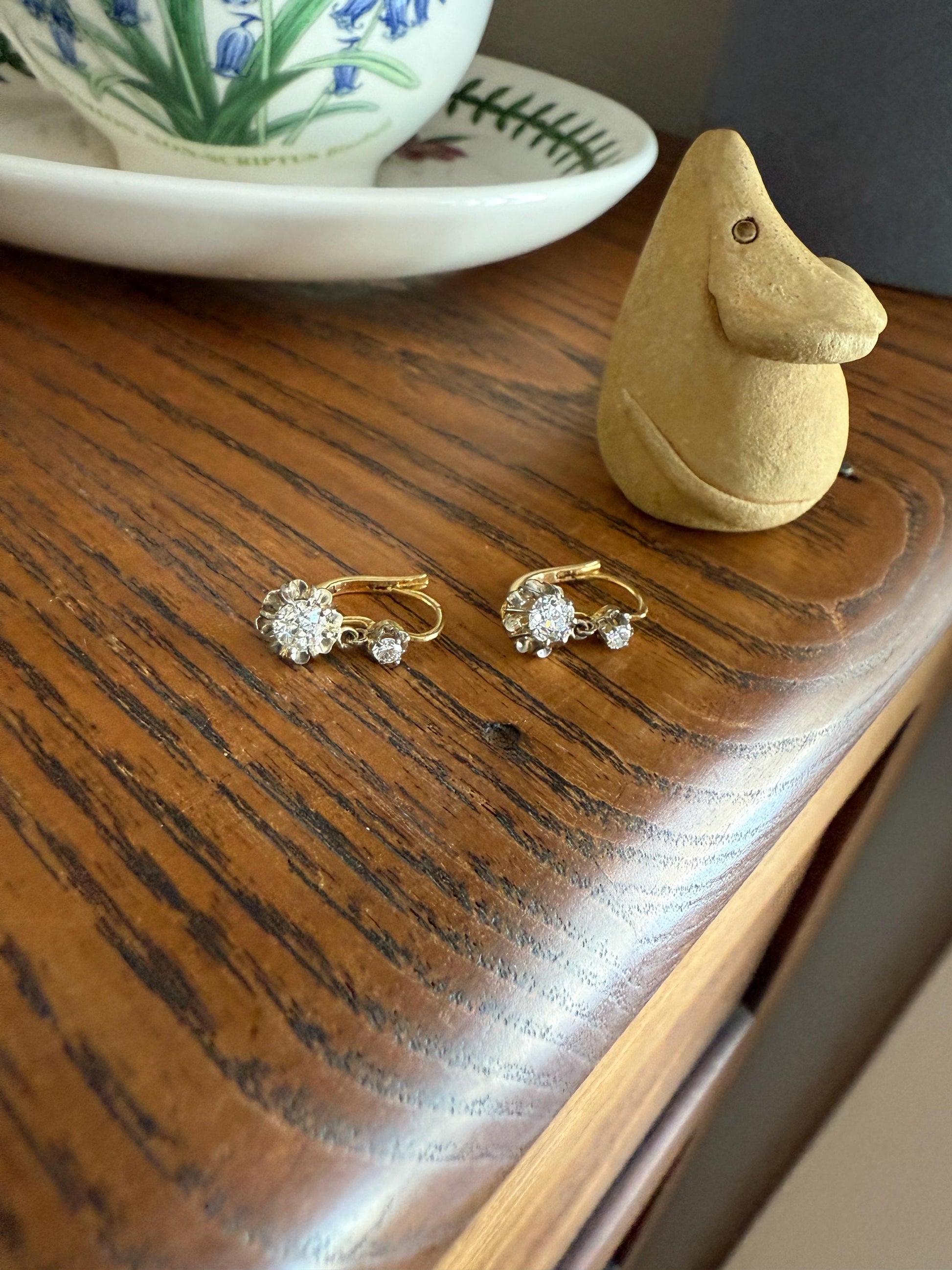 Antique .9 Carat Tdw Old Mine Cut Diamond Earrings 18k Gold French Victorian Dangle Dormeuse Gift Belle Epoque Bridal