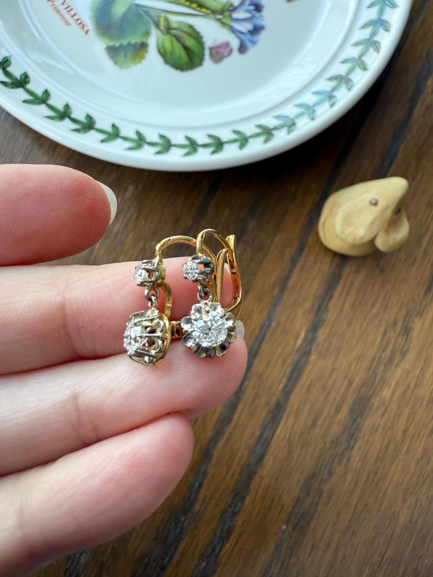 Antique .9 Carat Tdw Old Mine Cut Diamond Earrings 18k Gold French Victorian Dangle Dormeuse Gift Belle Epoque Bridal