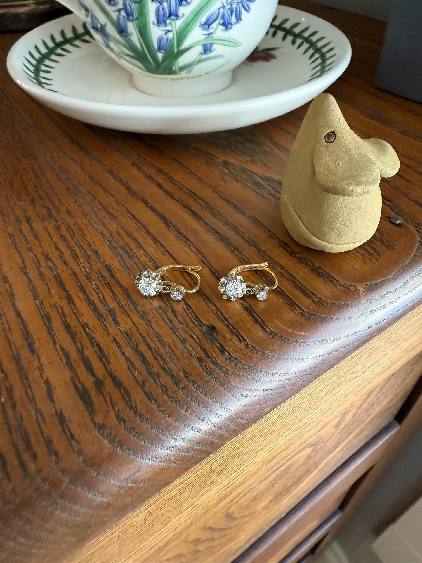 Antique .9 Carat Tdw Old Mine Cut Diamond Earrings 18k Gold French Victorian Dangle Dormeuse Gift Belle Epoque Bridal