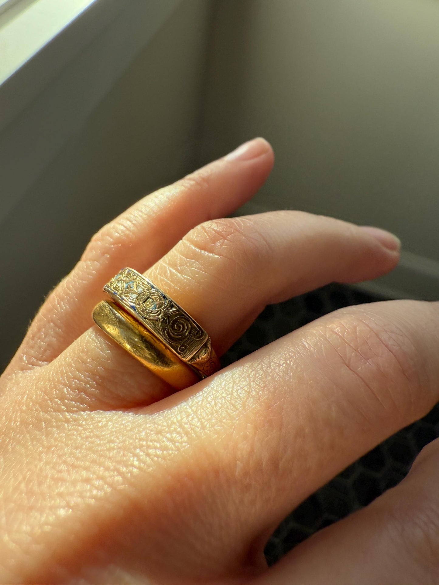 LOCKET RING 14k Gold Victorian Engraved Antique Opening Stacker Band Ornate Enamel Secret Hidden Compartment