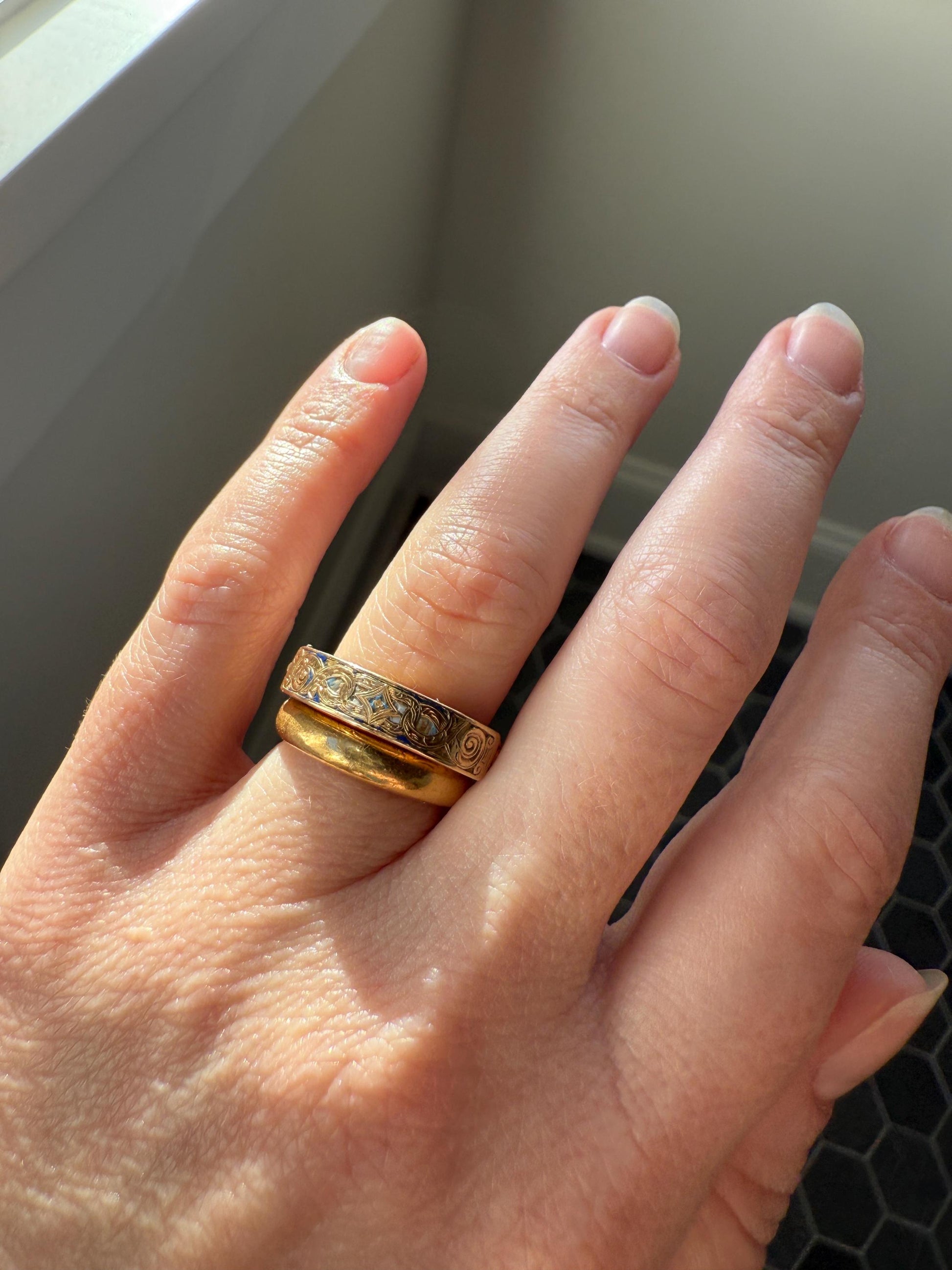 LOCKET RING 14k Gold Victorian Engraved Antique Opening Stacker Band Ornate Enamel Secret Hidden Compartment