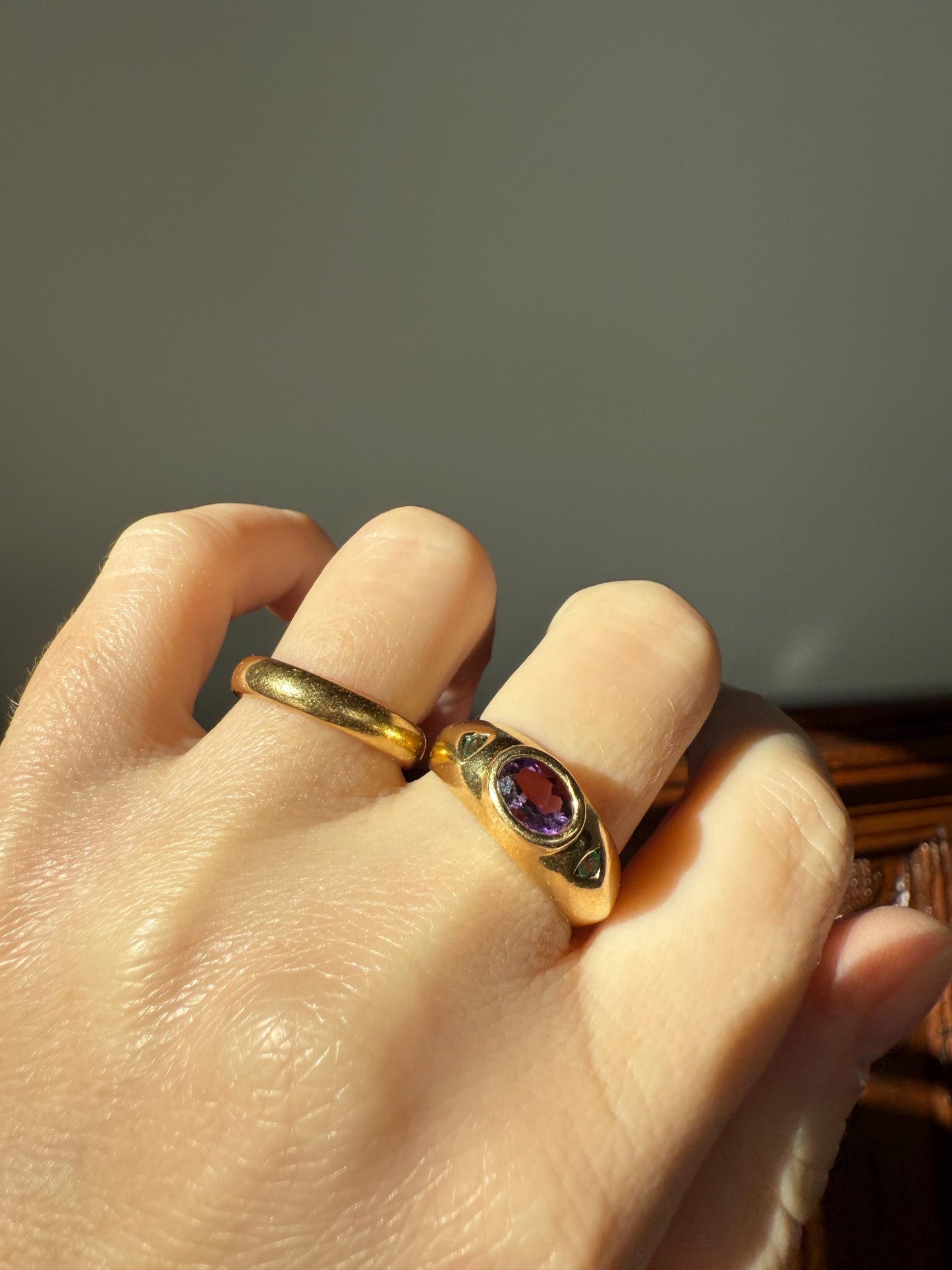 Vintage AMETHYST Emerald Geometric Domed Band Stacker Ring 18k Gold French Green Purple Chunky