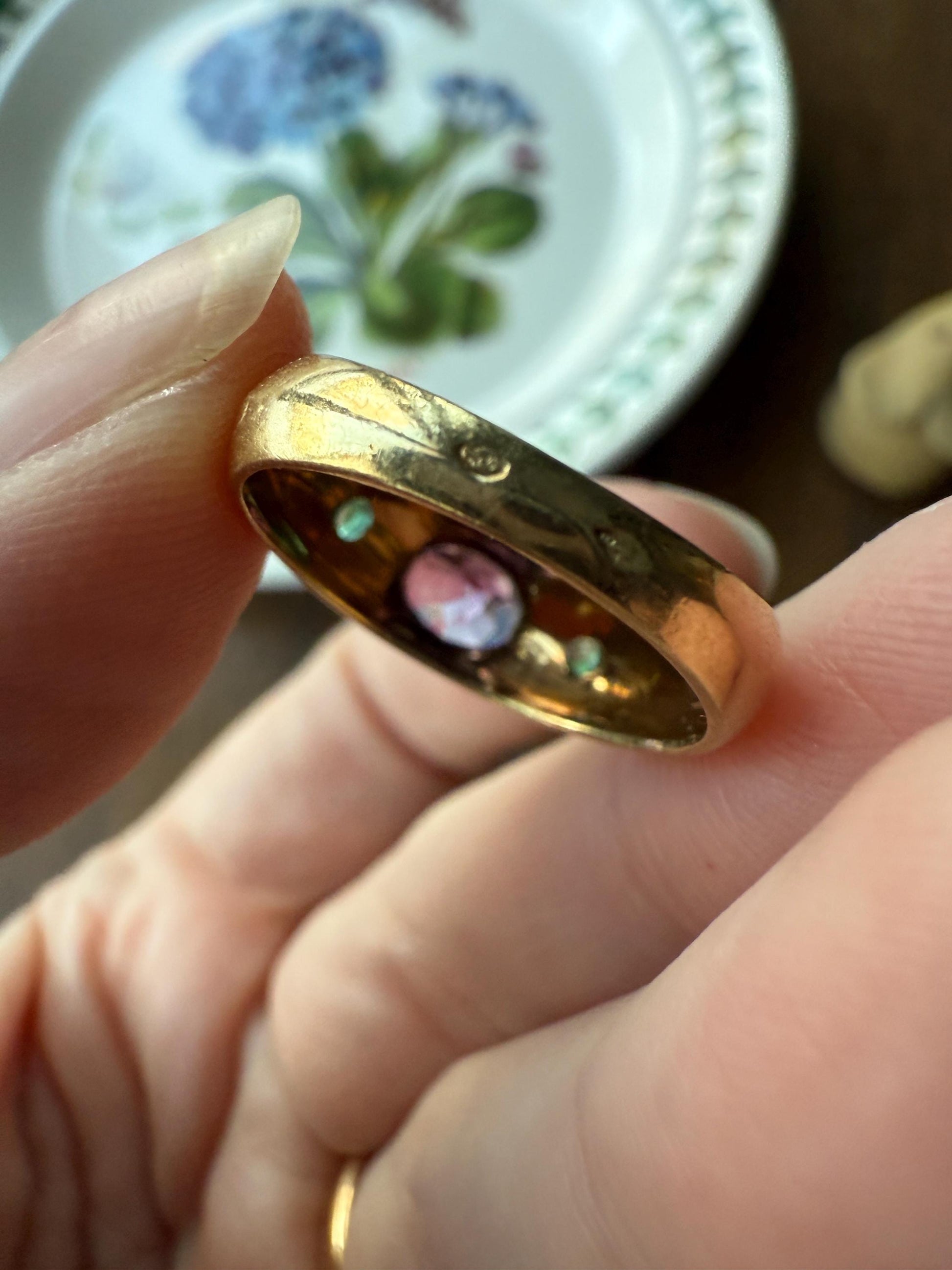 Vintage AMETHYST Emerald Geometric Domed Band Stacker Ring 18k Gold French Green Purple Chunky