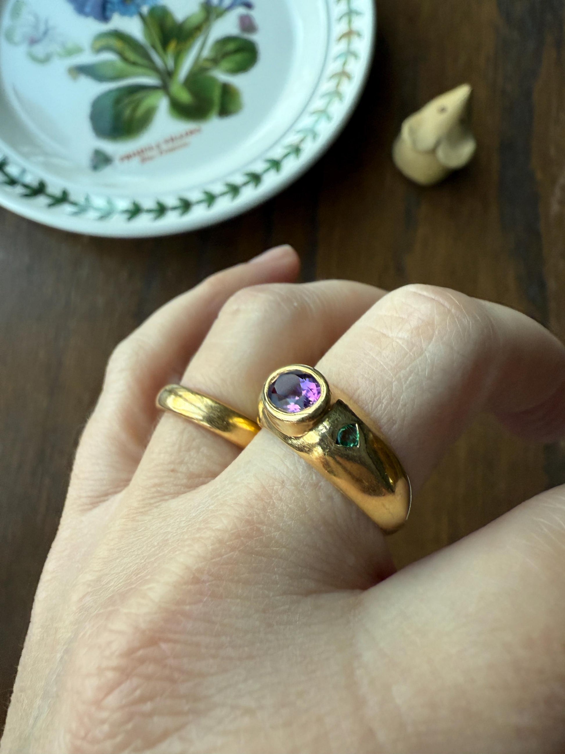 Vintage AMETHYST Emerald Geometric Domed Band Stacker Ring 18k Gold French Green Purple Chunky