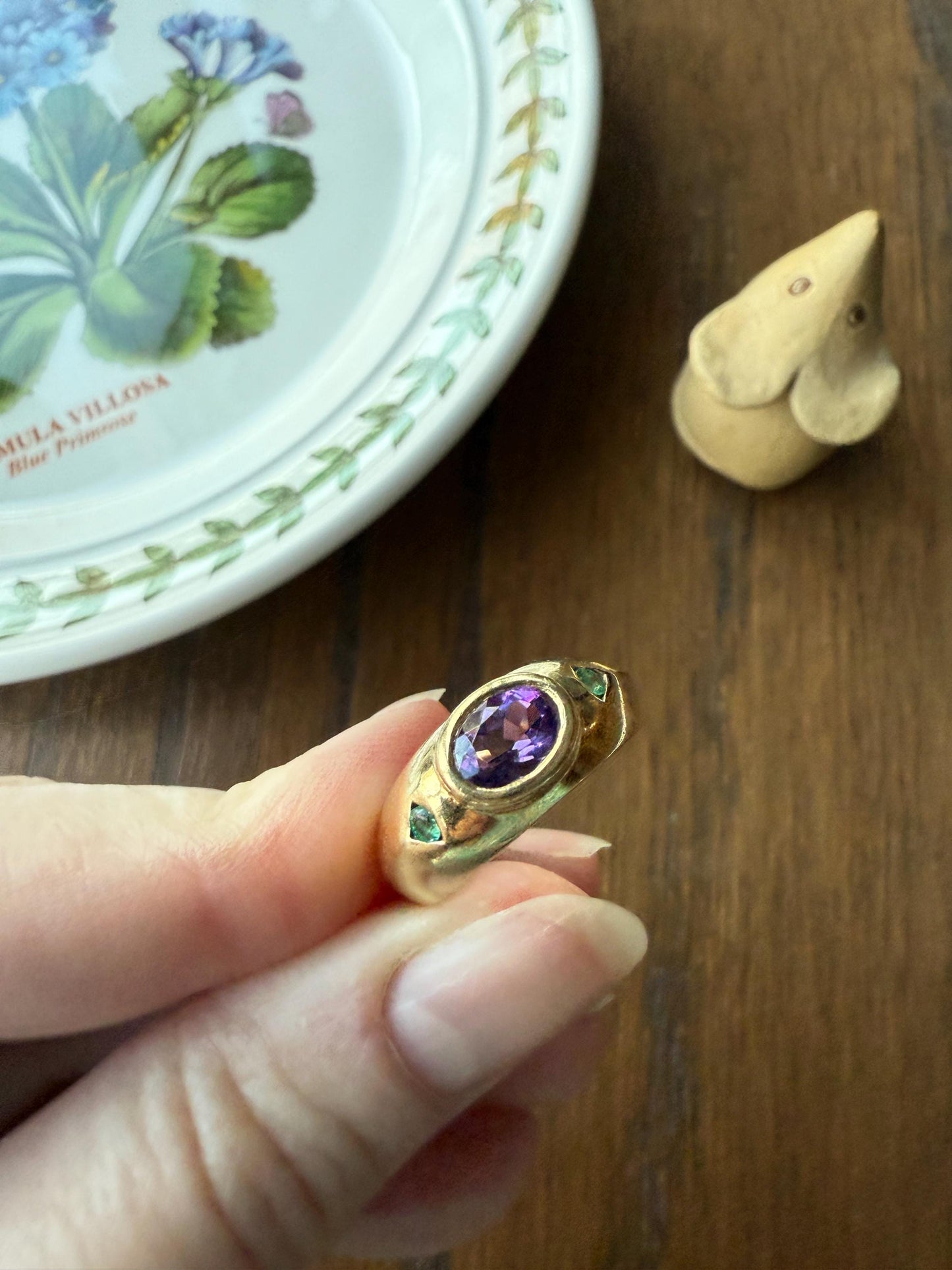 Vintage AMETHYST Emerald Geometric Domed Band Stacker Ring 18k Gold French Green Purple Chunky