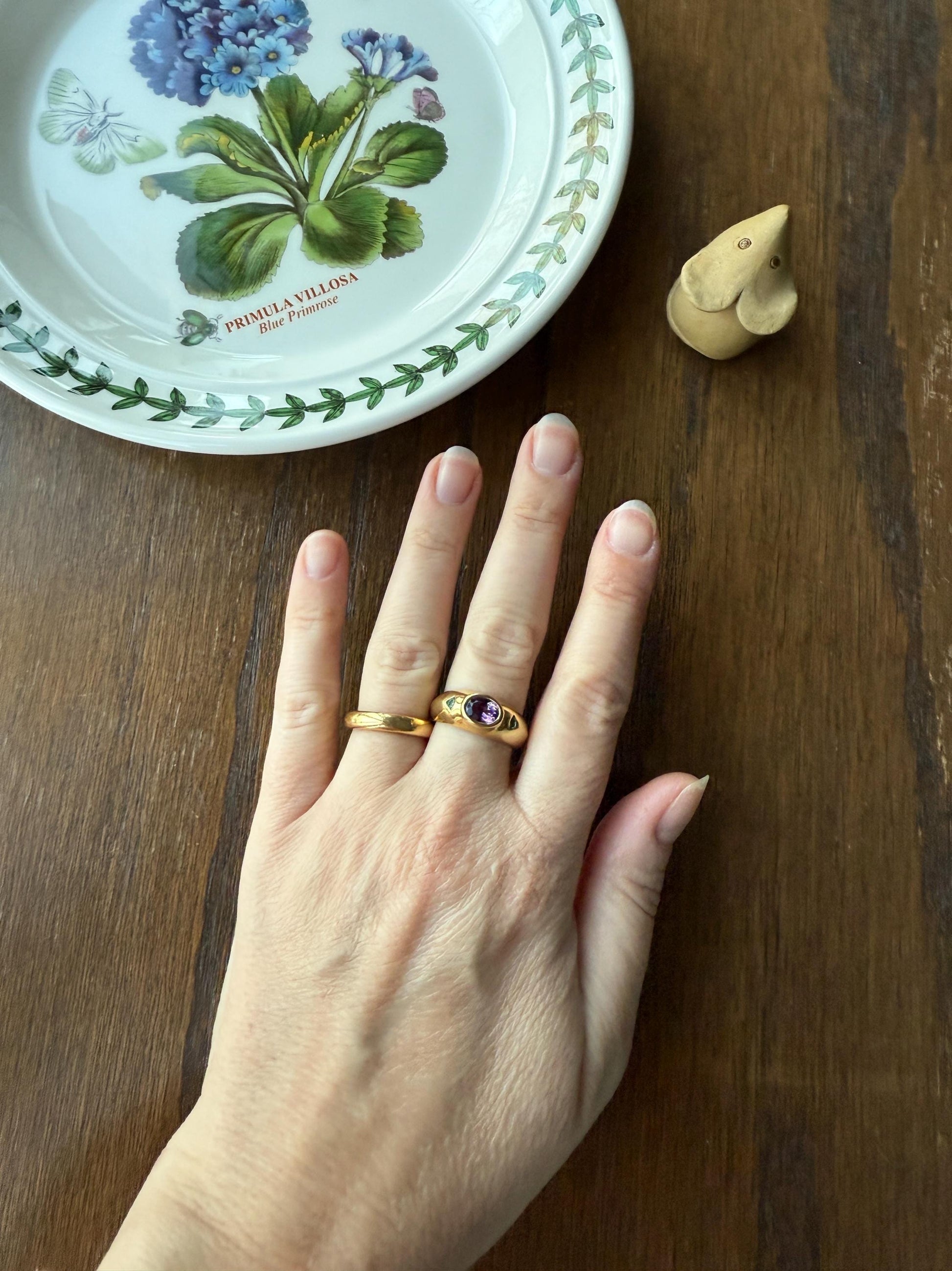 Vintage AMETHYST Emerald Geometric Domed Band Stacker Ring 18k Gold French Green Purple Chunky