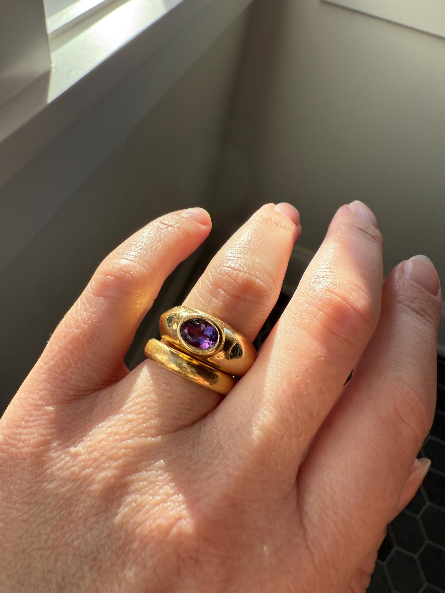 Vintage AMETHYST Emerald Geometric Domed Band Stacker Ring 18k Gold French Green Purple Chunky