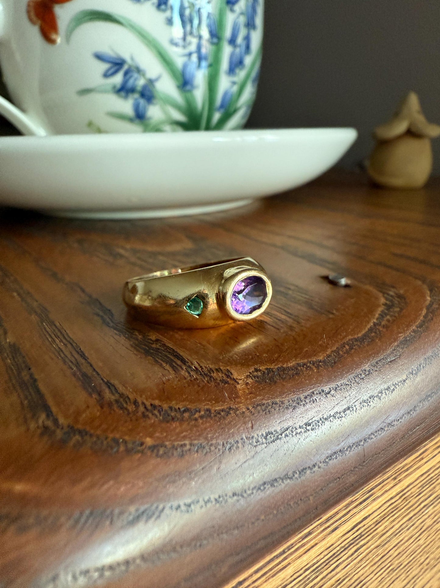 Vintage AMETHYST Emerald Geometric Domed Band Stacker Ring 18k Gold French Green Purple Chunky