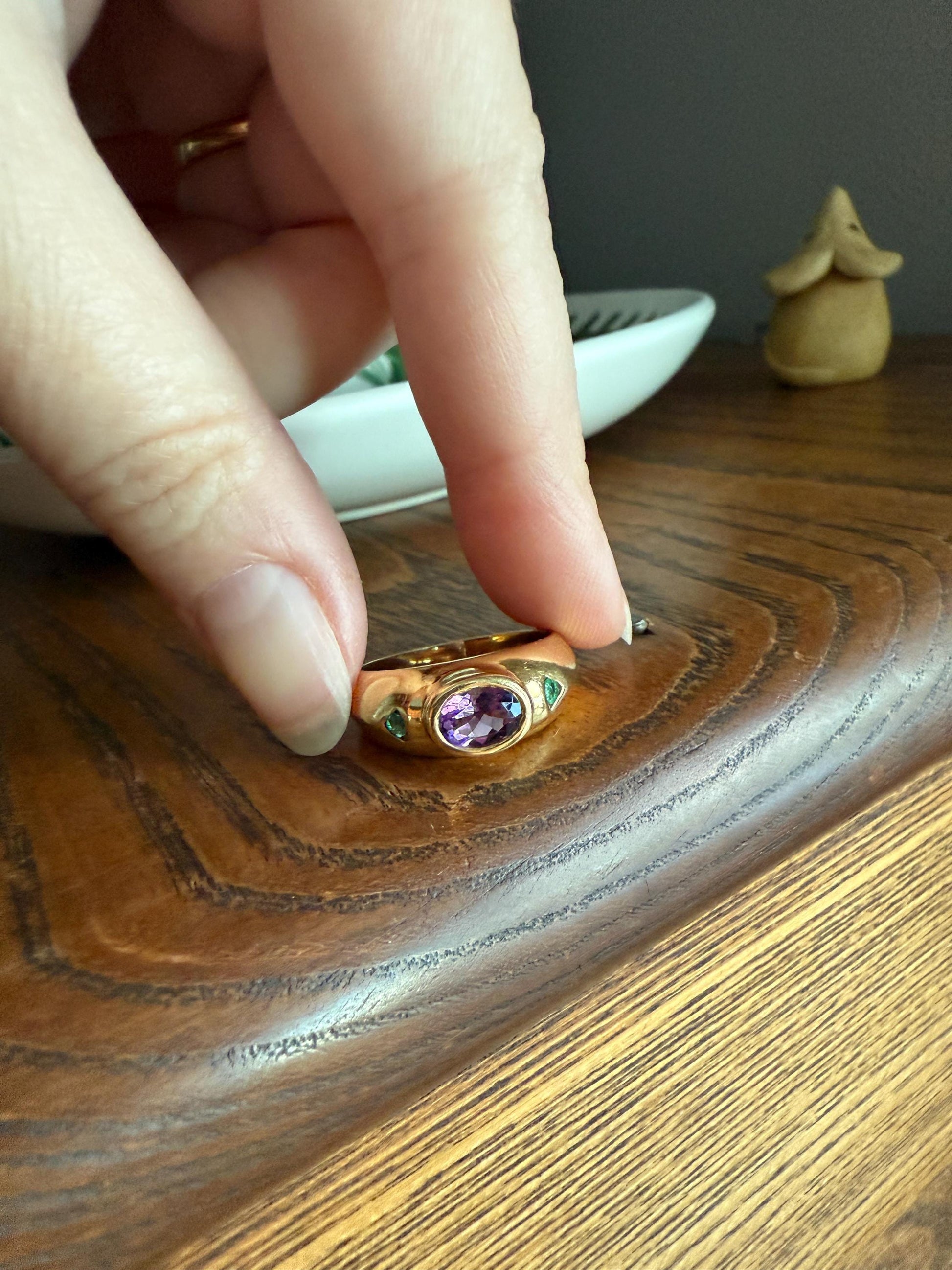 Vintage AMETHYST Emerald Geometric Domed Band Stacker Ring 18k Gold French Green Purple Chunky