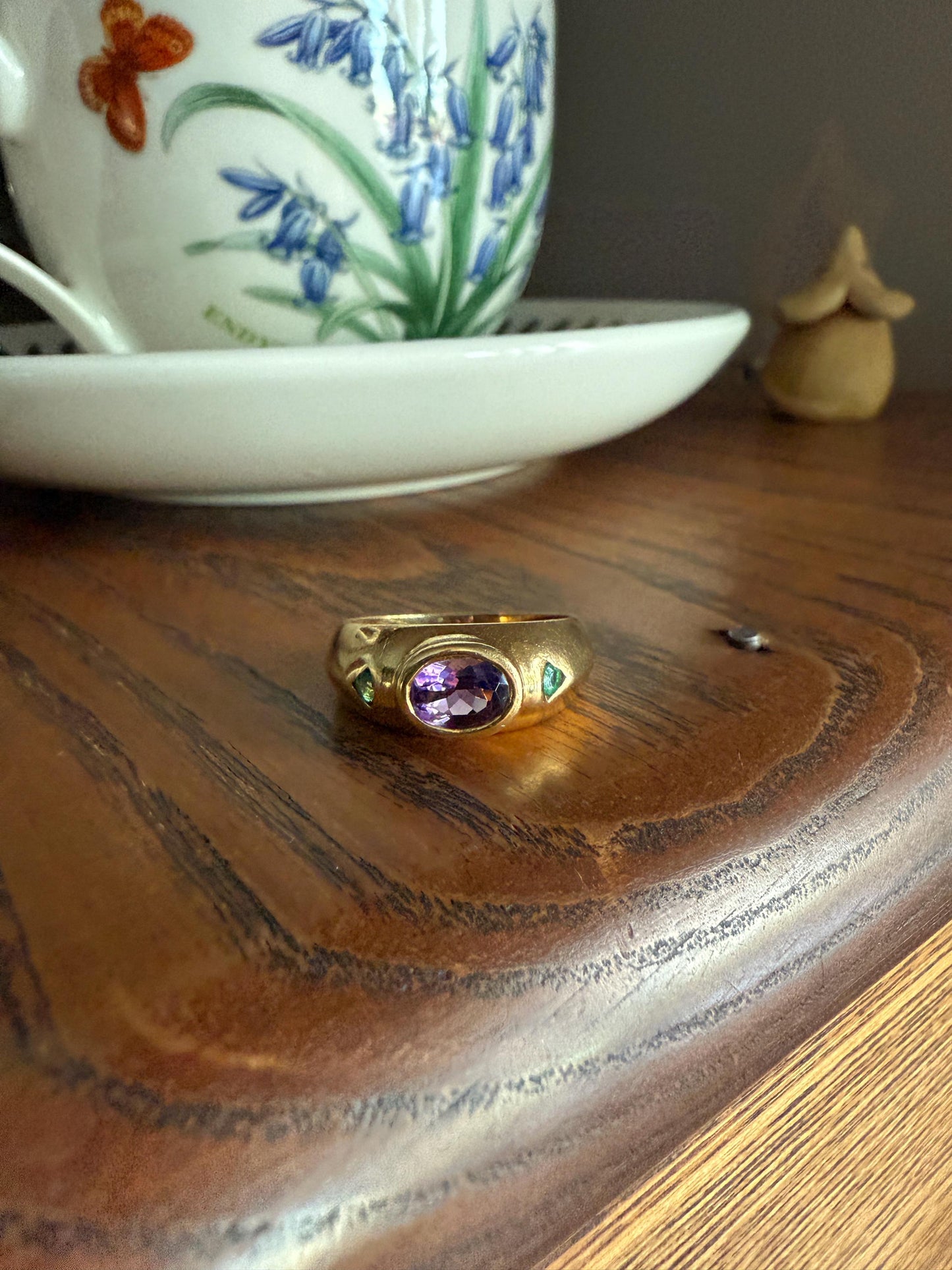 Vintage AMETHYST Emerald Geometric Domed Band Stacker Ring 18k Gold French Green Purple Chunky