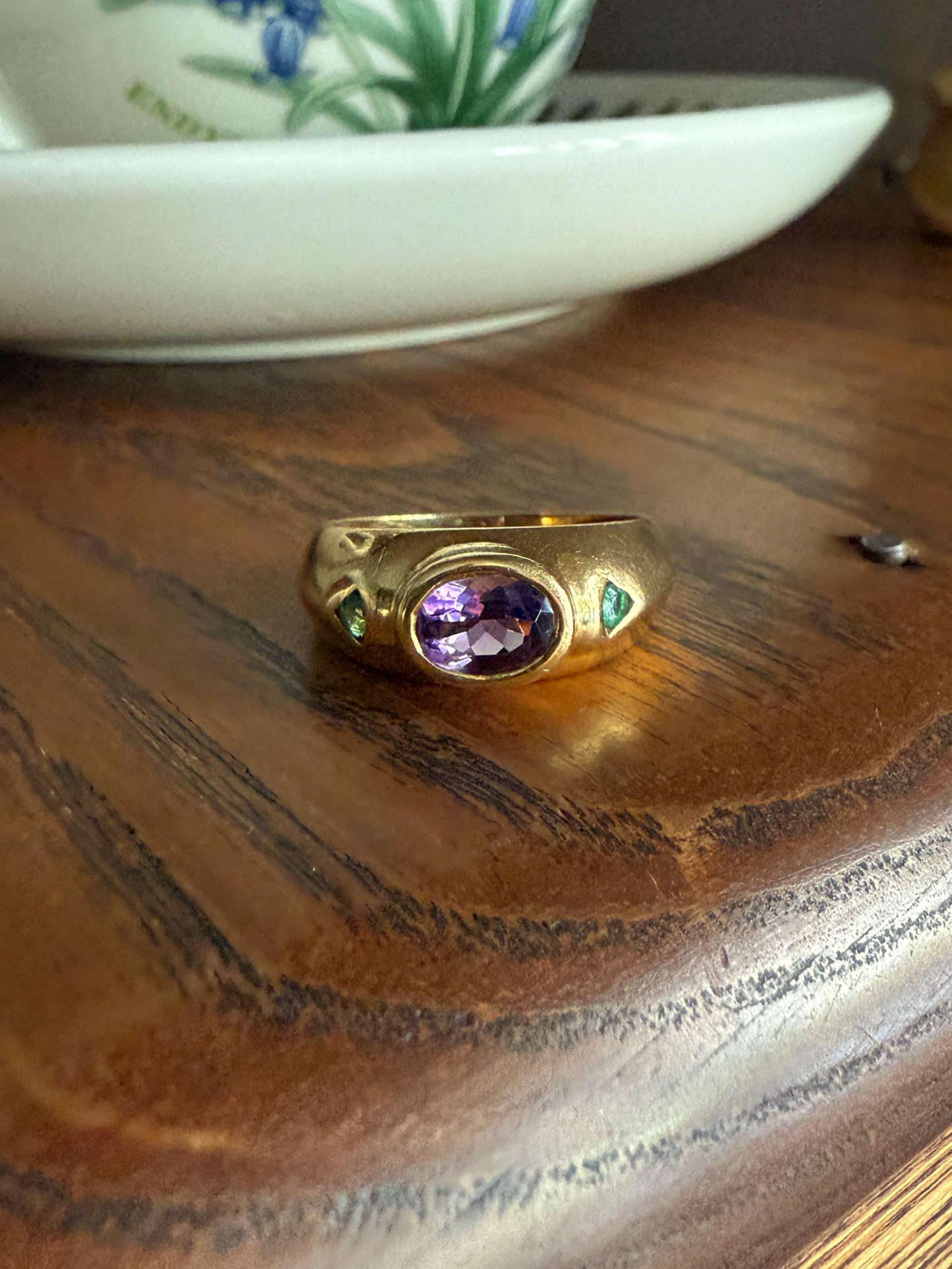 Vintage AMETHYST Emerald Geometric Domed Band Stacker Ring 18k Gold French Green Purple Chunky