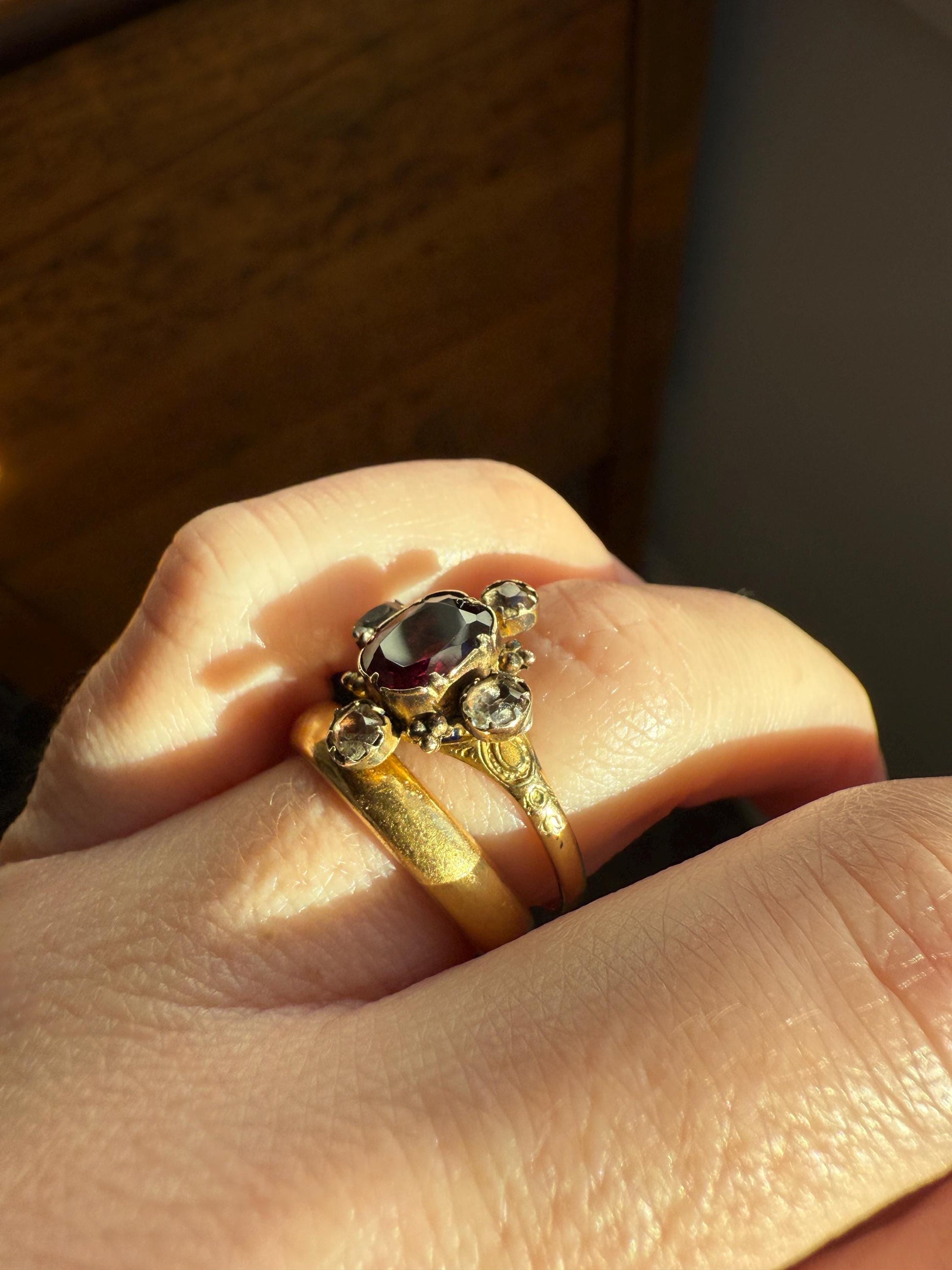 Antique Old Cut GARNET Pale Yellow Rivet Halo Cruciform HEART Locket Back Antique Ring 18k Gold Georgian Victorian