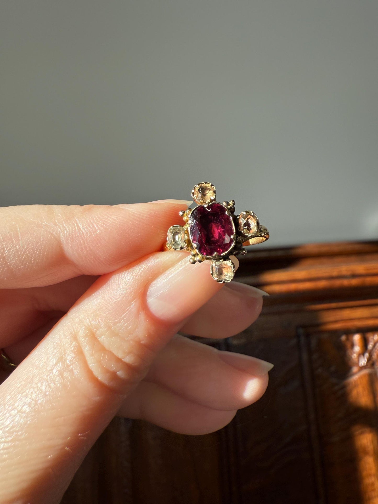 Antique Old Cut GARNET Pale Yellow Rivet Halo Cruciform HEART Locket Back Antique Ring 18k Gold Georgian Victorian