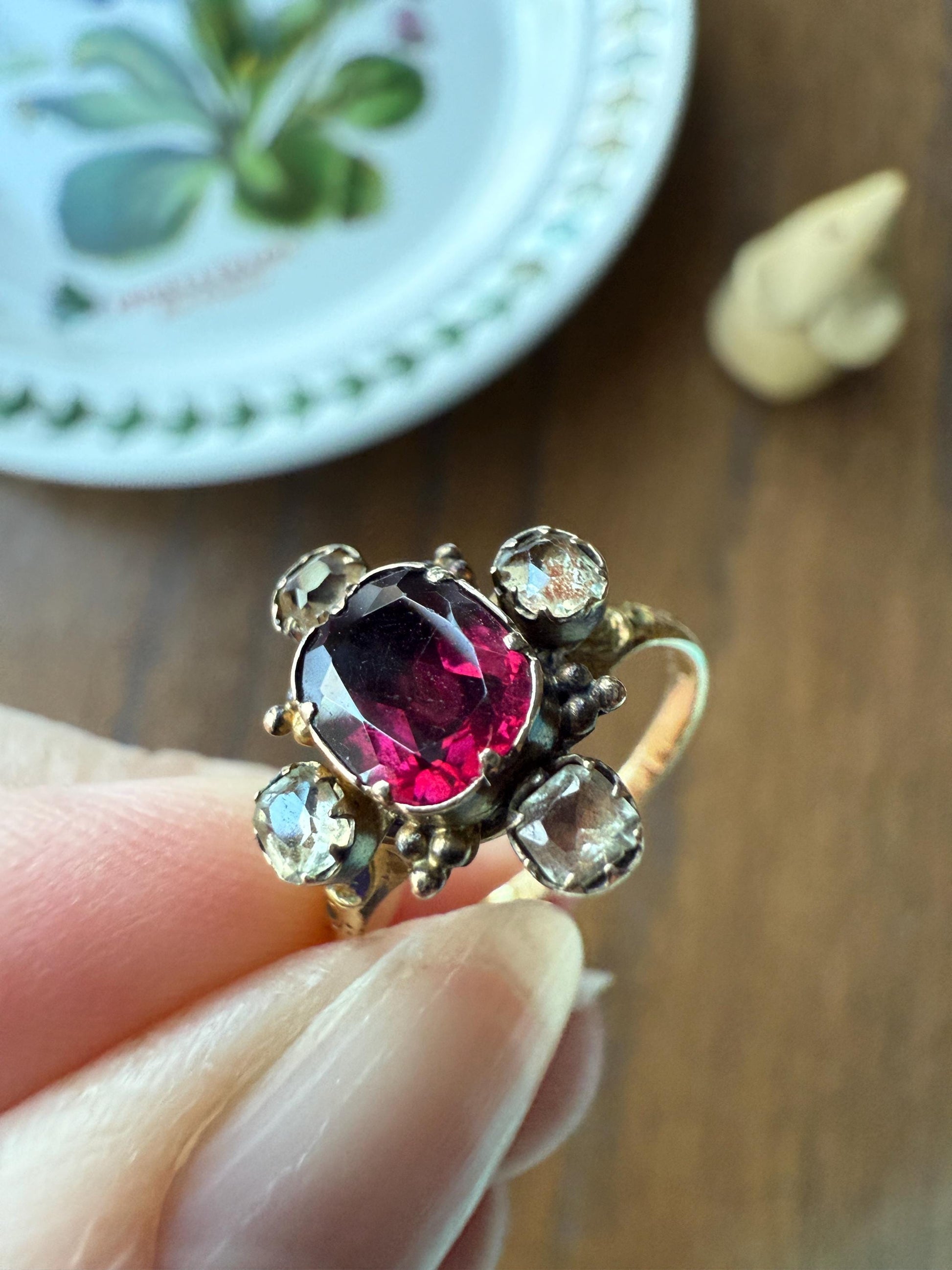 Antique Old Cut GARNET Pale Yellow Rivet Halo Cruciform HEART Locket Back Antique Ring 18k Gold Georgian Victorian