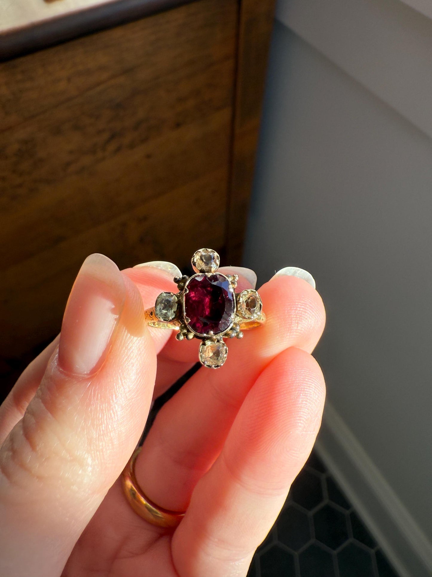 Antique Old Cut GARNET Pale Yellow Rivet Halo Cruciform HEART Locket Back Antique Ring 18k Gold Georgian Victorian