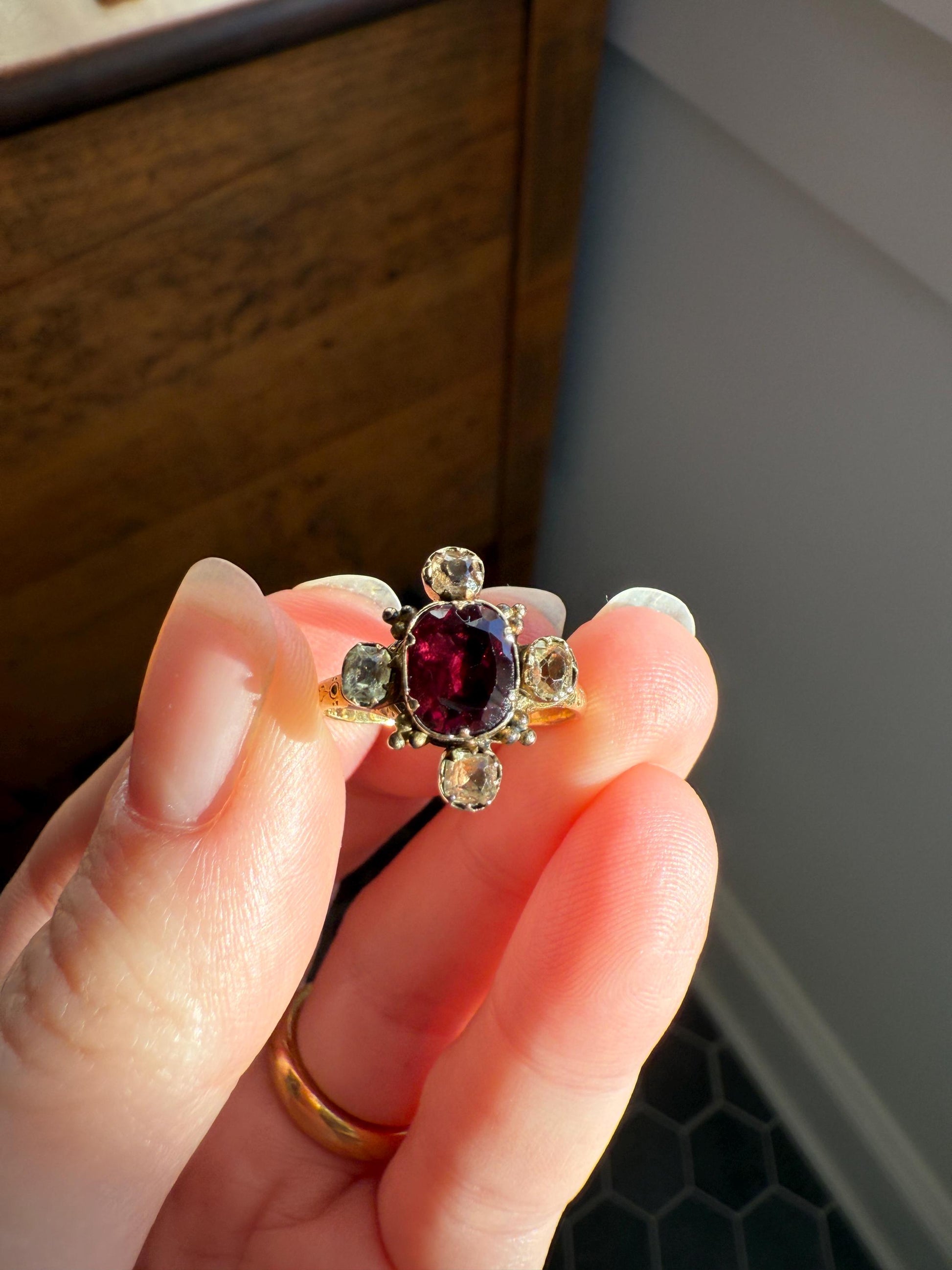 Antique Old Cut GARNET Pale Yellow Rivet Halo Cruciform HEART Locket Back Antique Ring 18k Gold Georgian Victorian