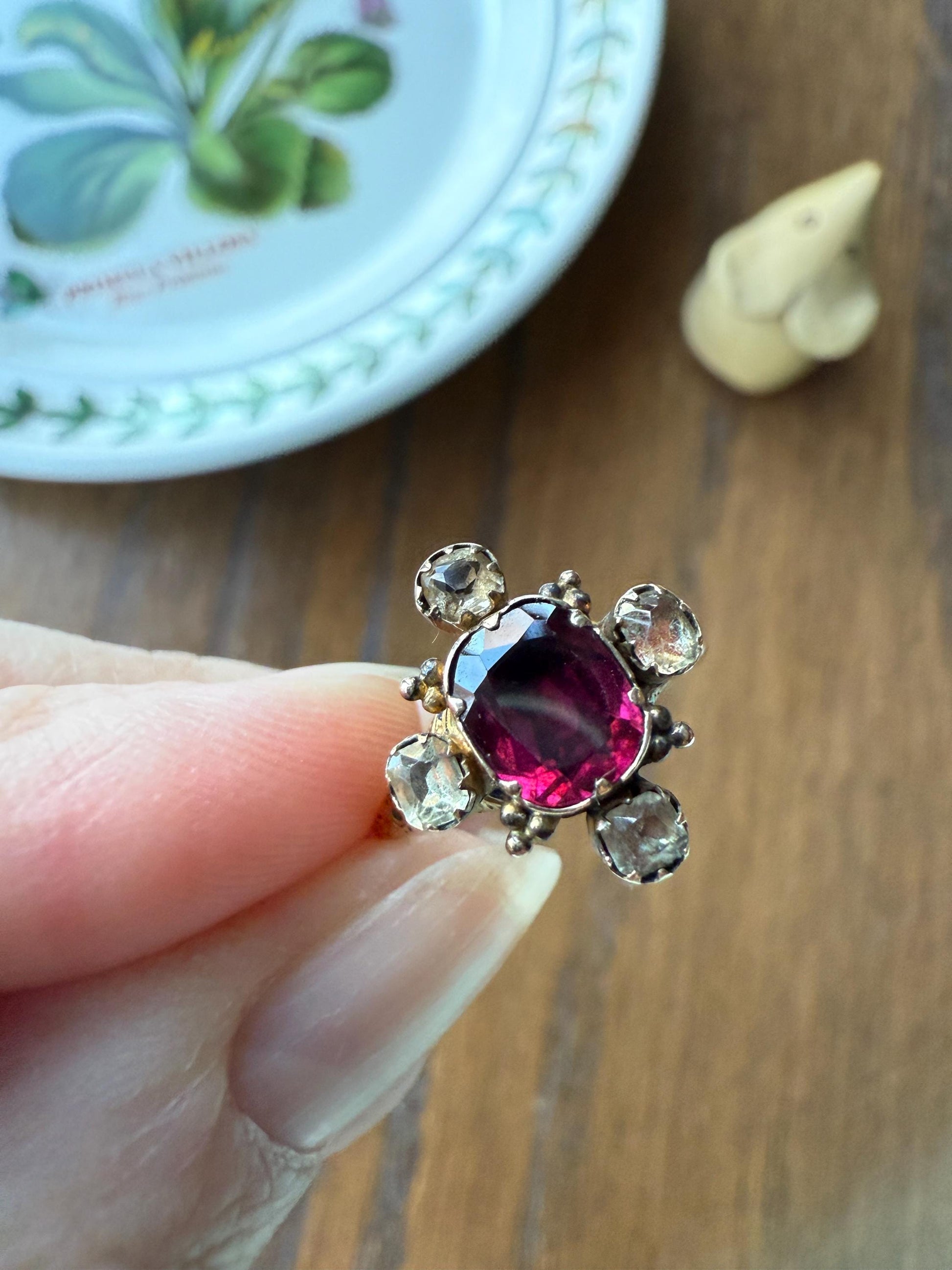 Antique Old Cut GARNET Pale Yellow Rivet Halo Cruciform HEART Locket Back Antique Ring 18k Gold Georgian Victorian