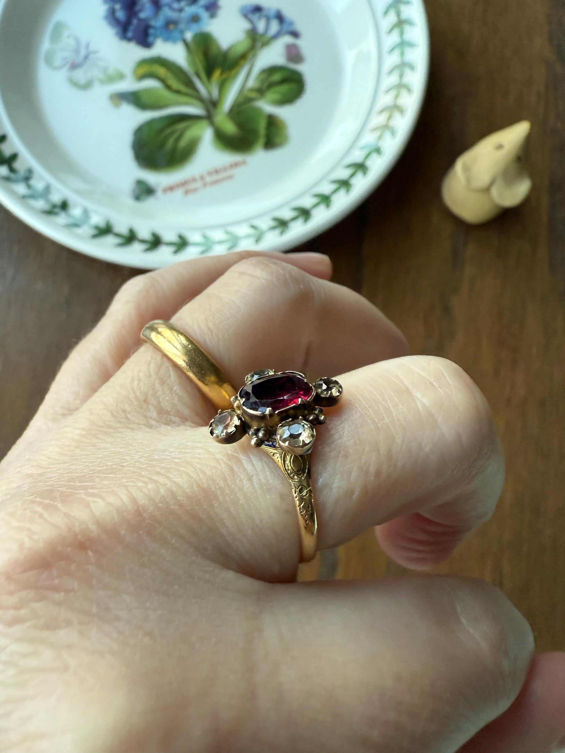 Antique Old Cut GARNET Pale Yellow Rivet Halo Cruciform HEART Locket Back Antique Ring 18k Gold Georgian Victorian