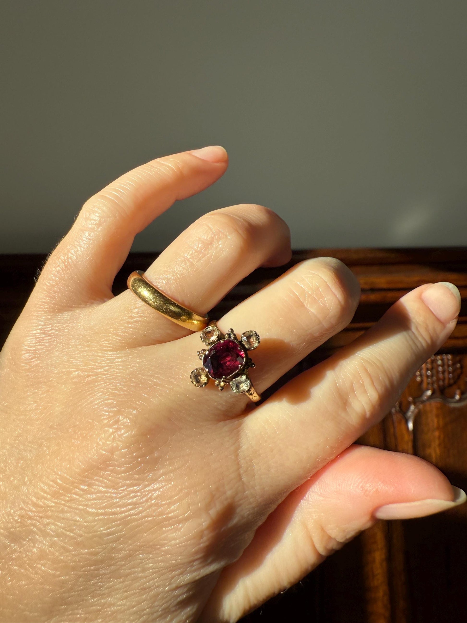 Antique Old Cut GARNET Pale Yellow Rivet Halo Cruciform HEART Locket Back Antique Ring 18k Gold Georgian Victorian