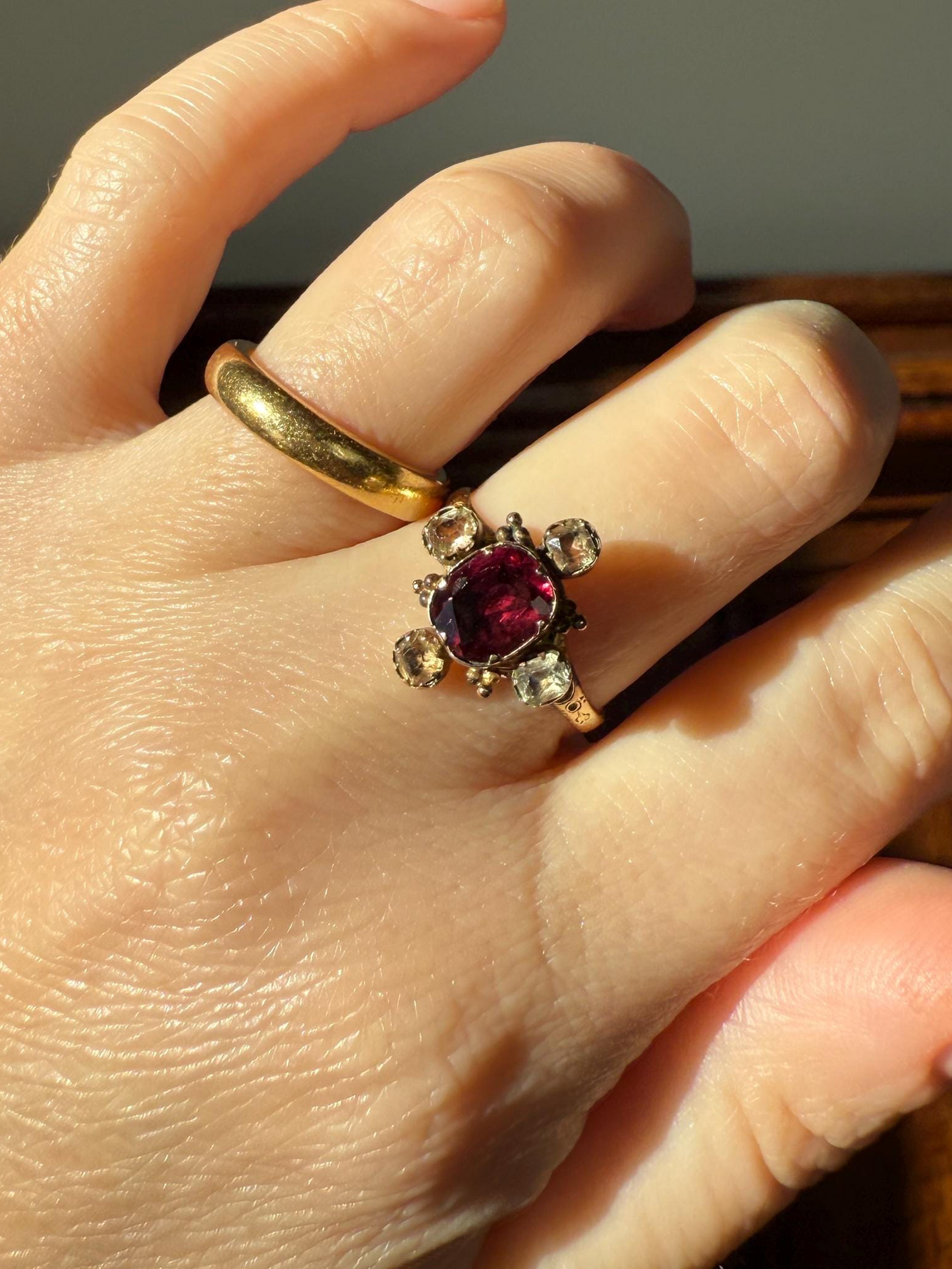 Antique Old Cut GARNET Pale Yellow Rivet Halo Cruciform HEART Locket Back Antique Ring 18k Gold Georgian Victorian