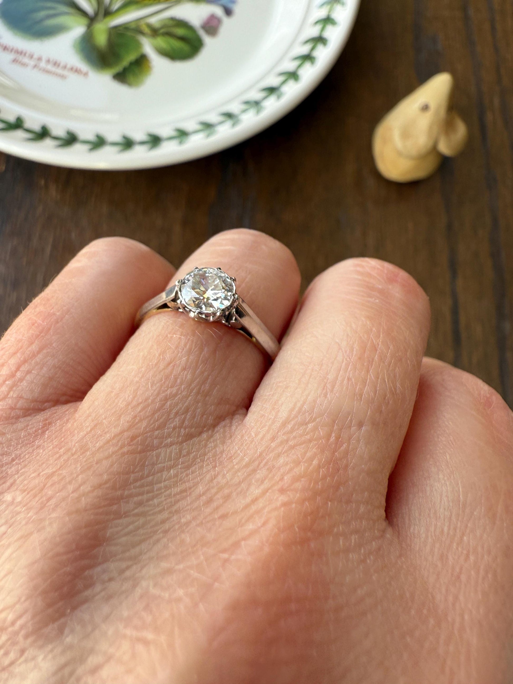 Antique 3/4 Carat Old European Cut DIAMOND Ring 18k Gold Platinum Unique Bezel Prong Setting Engagement Solitaire Stacker .75Ctw OEC