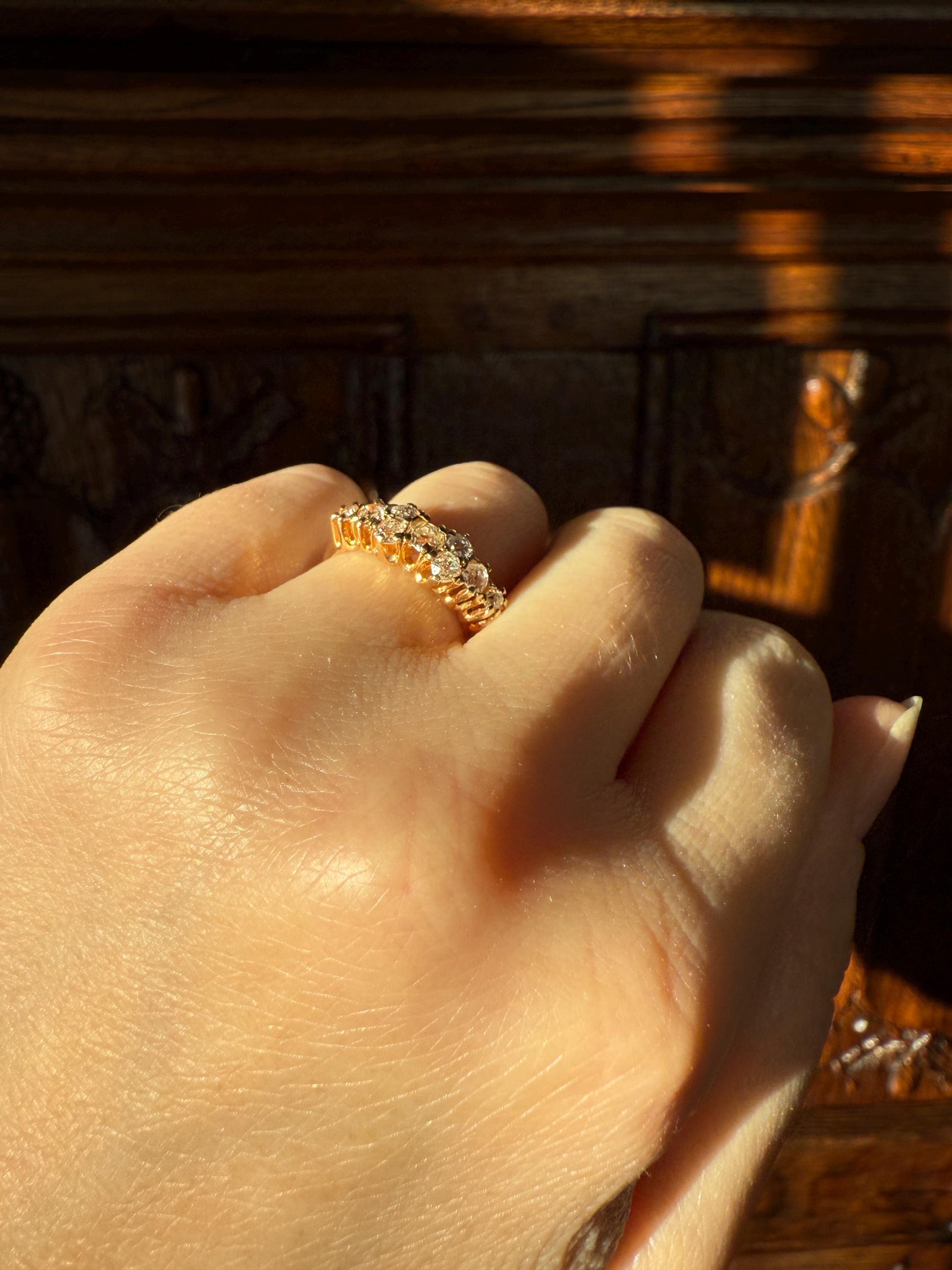 Unique Antique .9 Carat Old Mine Cut Diamond Nine Stone Band Mini Cluster Ring 18k Gold Victorian