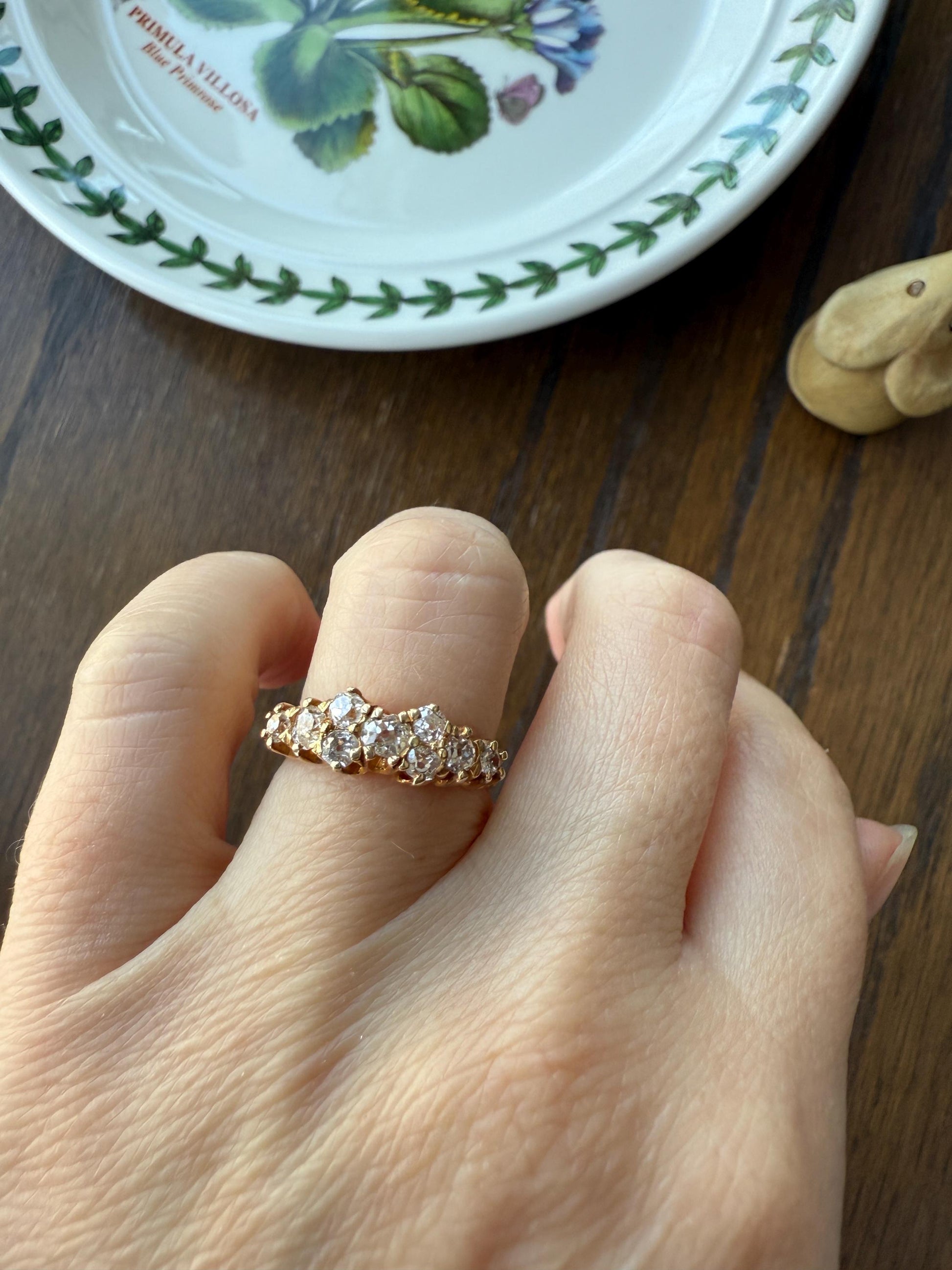 Unique Antique .9 Carat Old Mine Cut Diamond Nine Stone Band Mini Cluster Ring 18k Gold Victorian