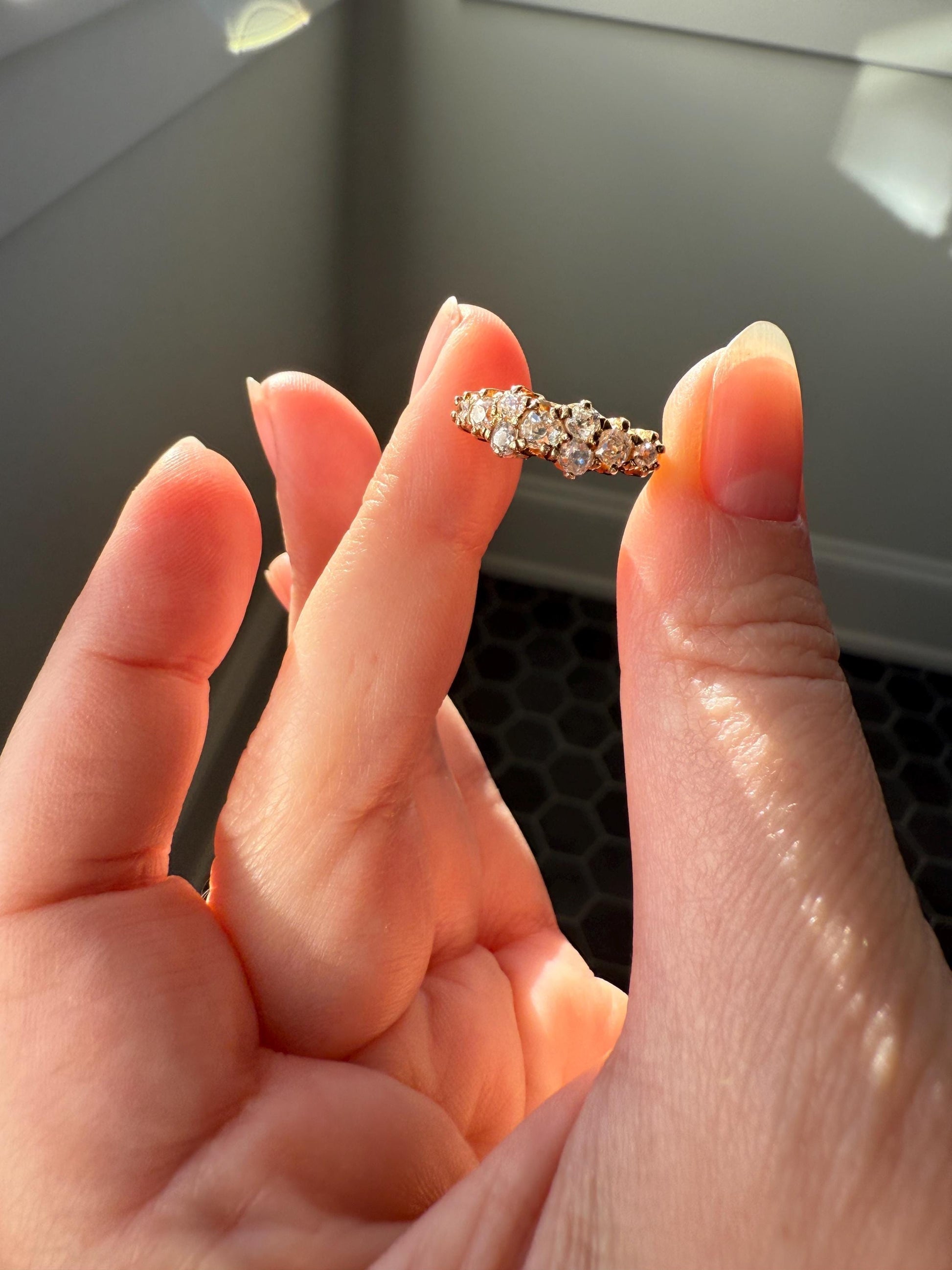 Unique Antique .9 Carat Old Mine Cut Diamond Nine Stone Band Mini Cluster Ring 18k Gold Victorian