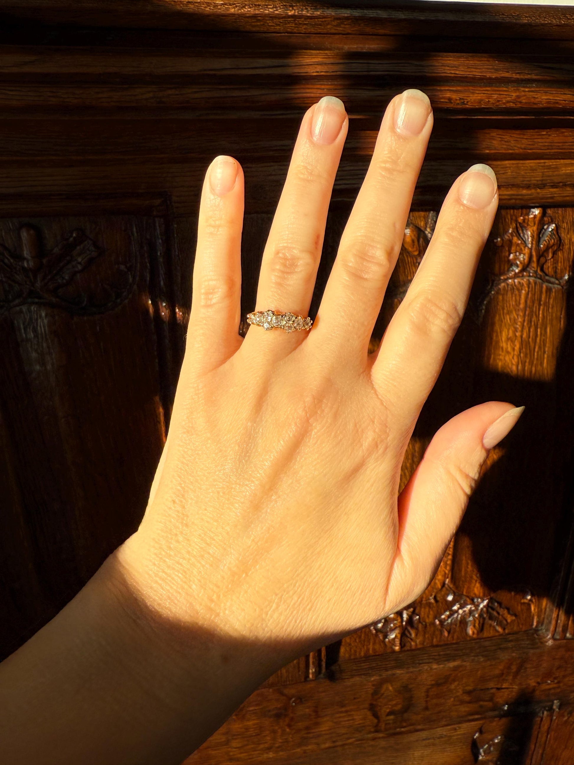 Unique Antique .9 Carat Old Mine Cut Diamond Nine Stone Band Mini Cluster Ring 18k Gold Victorian