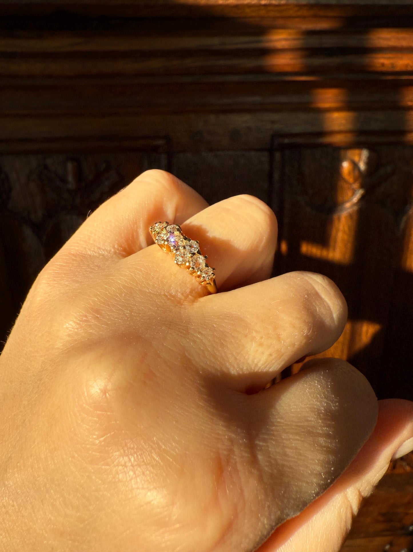 Unique Antique .9 Carat Old Mine Cut Diamond Nine Stone Band Mini Cluster Ring 18k Gold Victorian